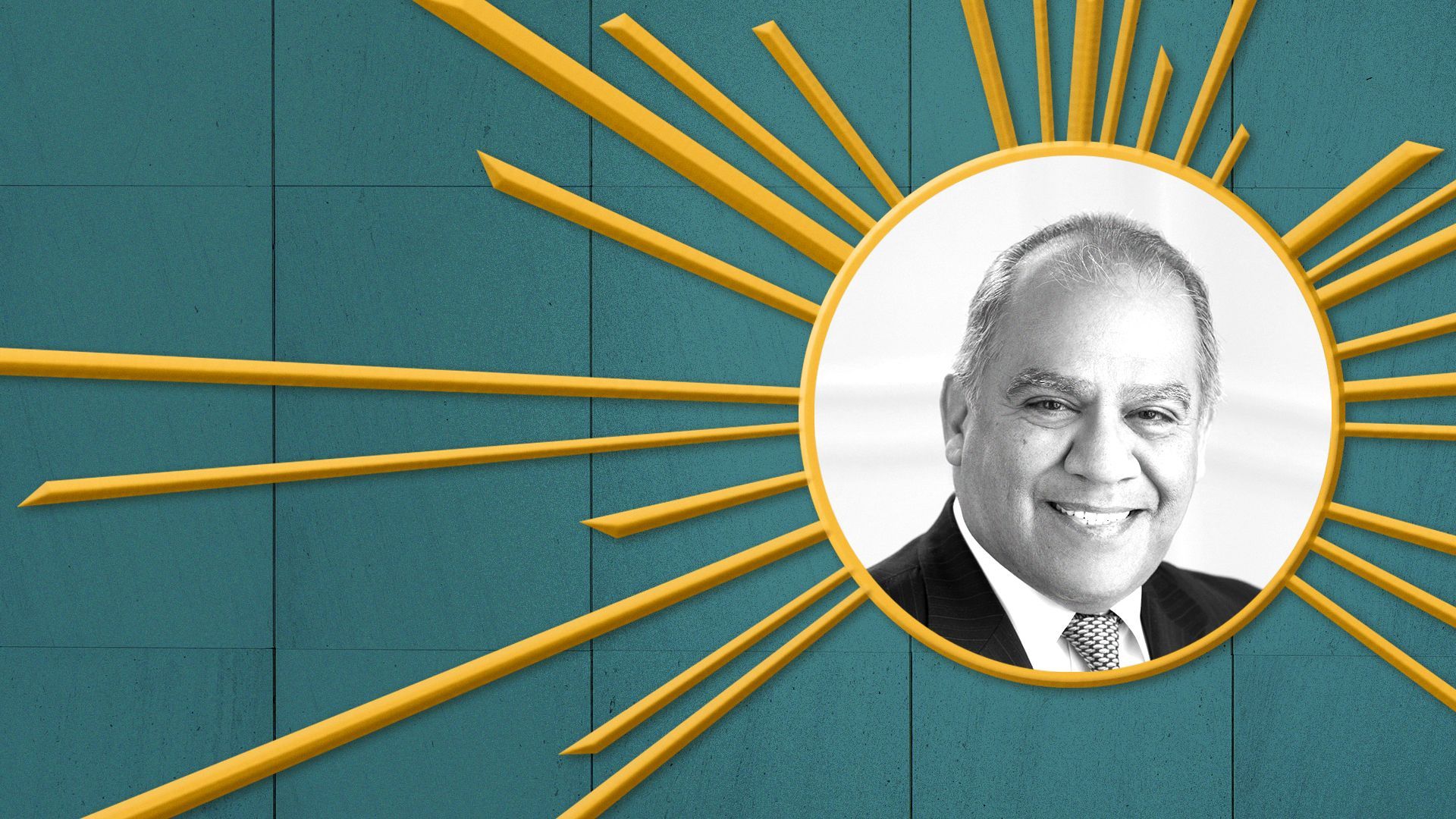 Photo illustration of Rogelio Landin in the center of a gold frame with rays emanating, resembling the sphere from The Spirit of Detroit statue.