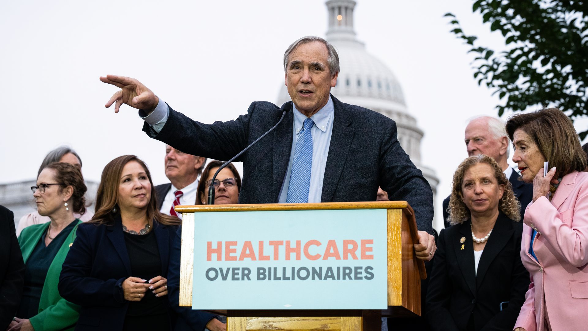 Senator Jeff Merkley, a Democrat from Oregon, during a rally for healthcare funding outside the US Capitol in Washington, DC, US, on Tuesday, Sept. 30, 2025.