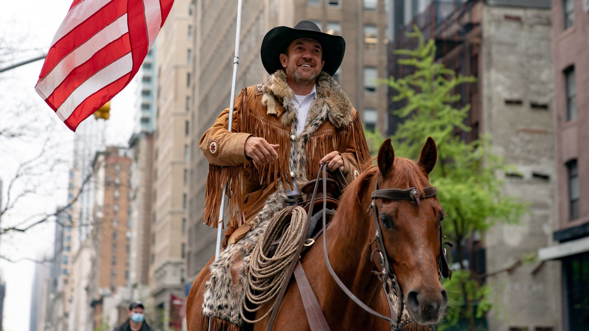 tero County Commission Chairman and Cowboys for Trump co-founder Couy Griffin rides his horse on 5th avenue on May 1, 2020 in New York City.
