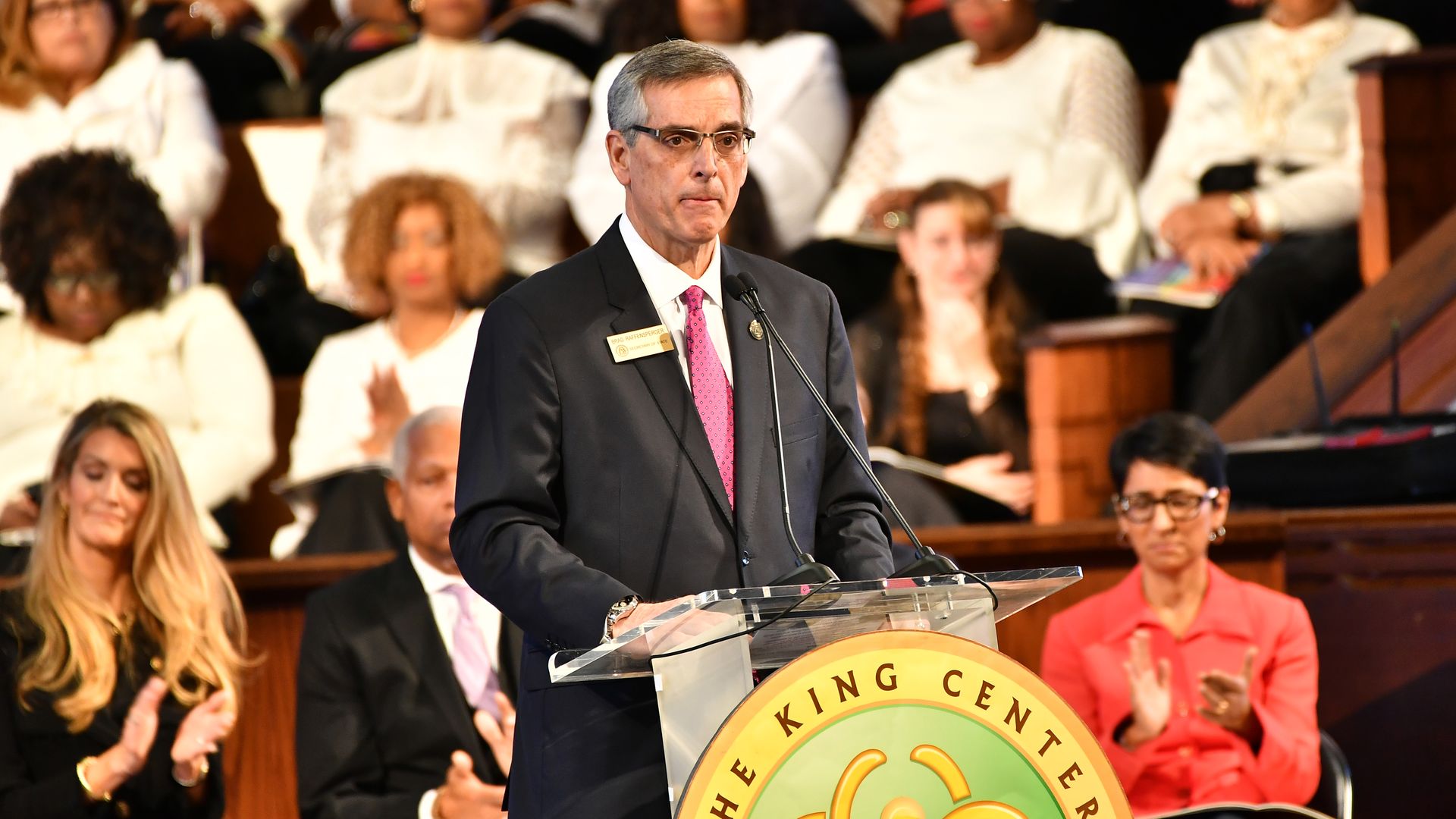 Brad Raffensperger, Georgia Secretary of State speaks onstage during 2020 Martin Luther King, Jr. Commemorative Service at Ebenezer Baptist Church
