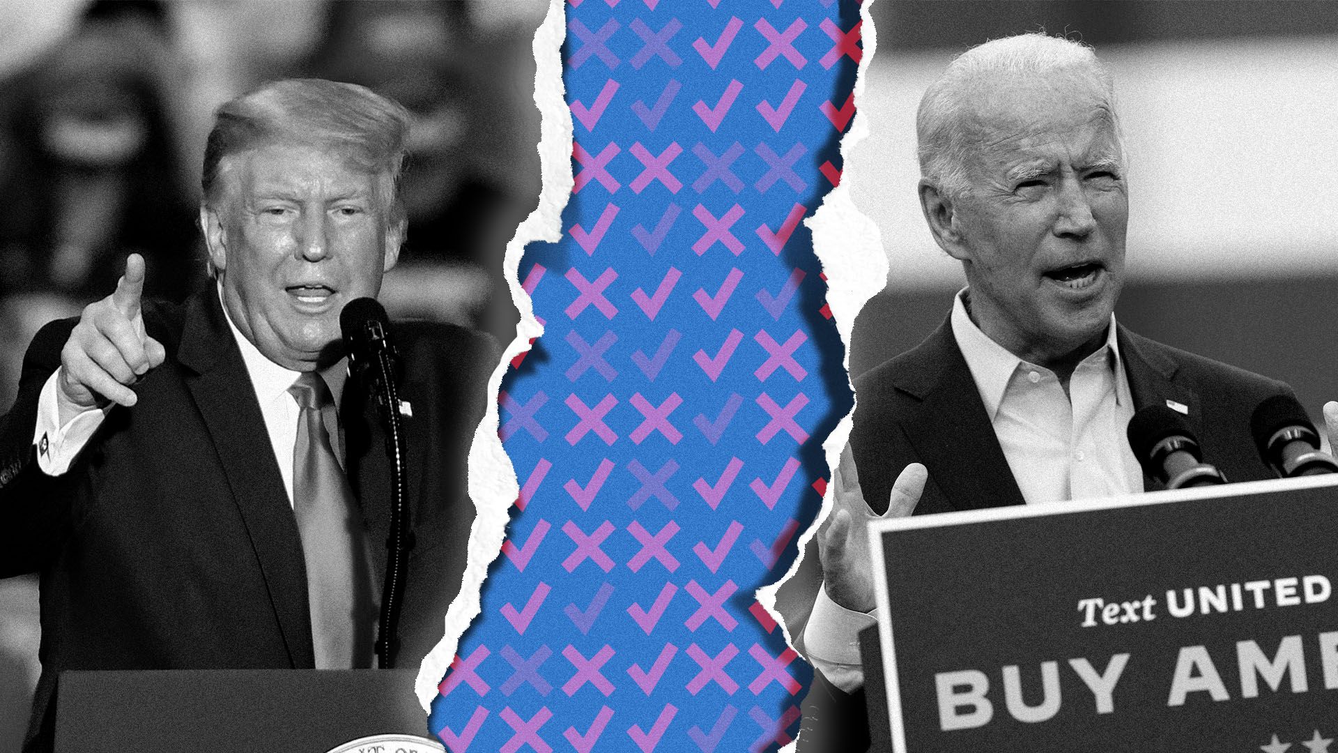 Photo illustration of torn photos of Donald Trump and Joseph Biden revealing check marks and x's beneath