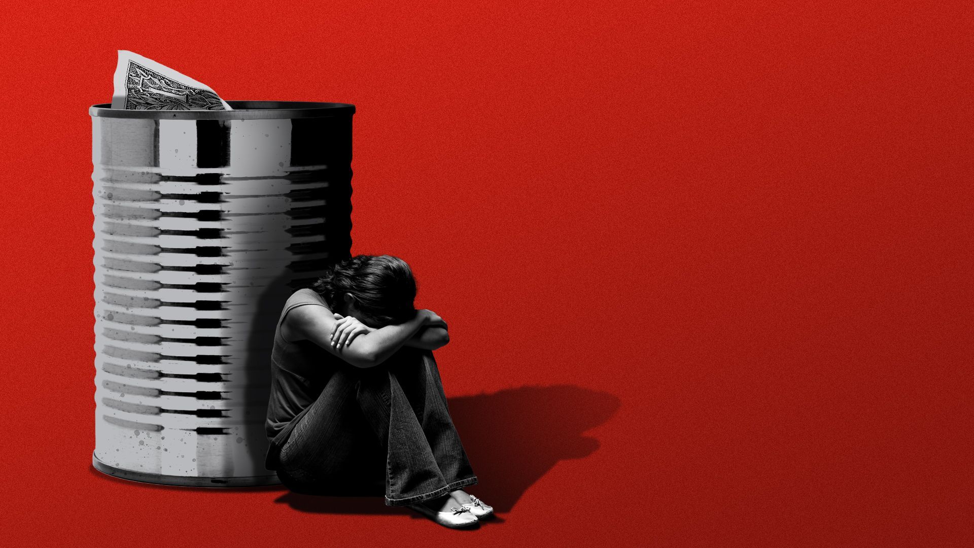 Illustration of person sitting beside a giant metal can with money in it