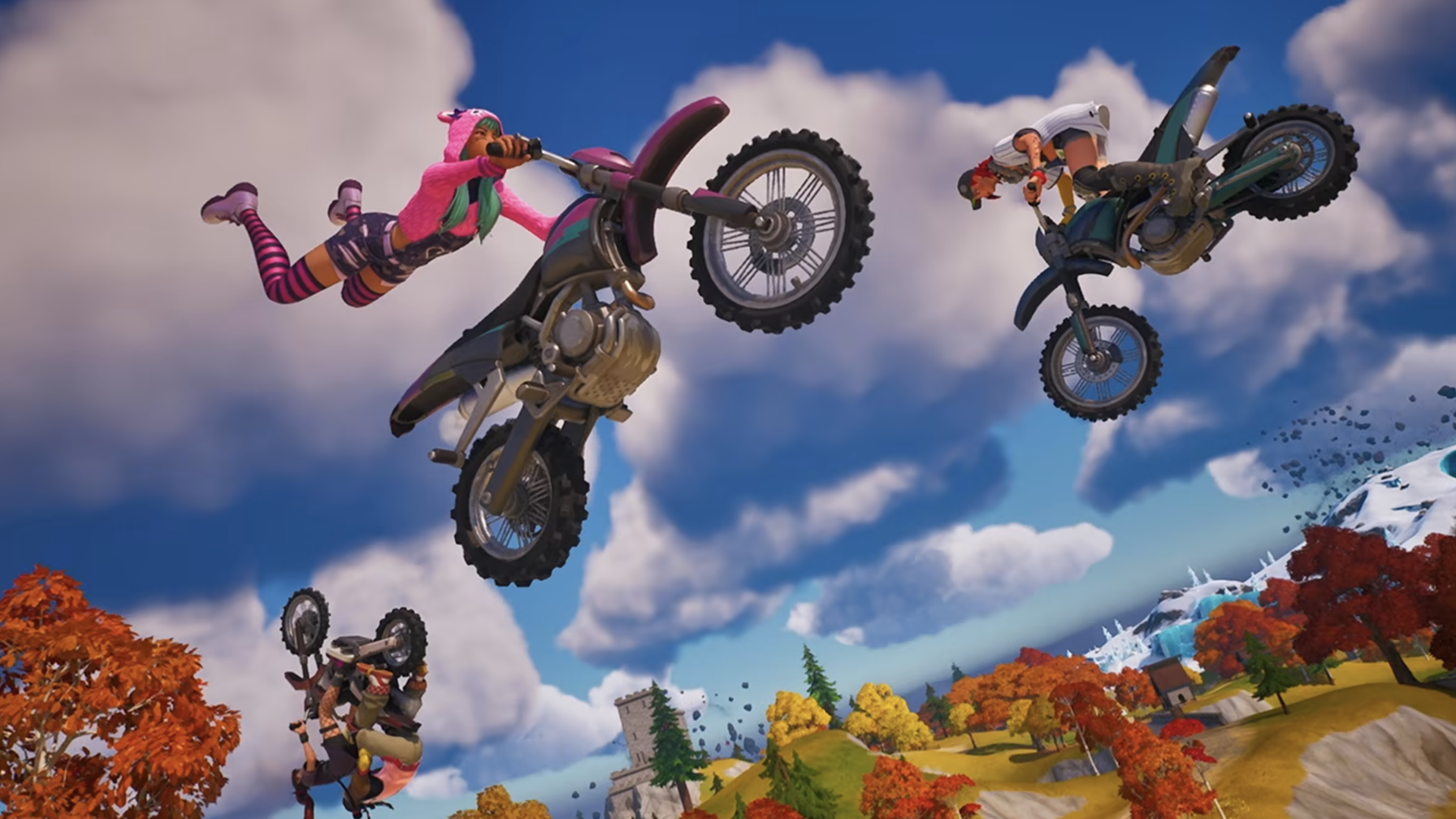 Screenshot of Fortnite game with players on motorbikes