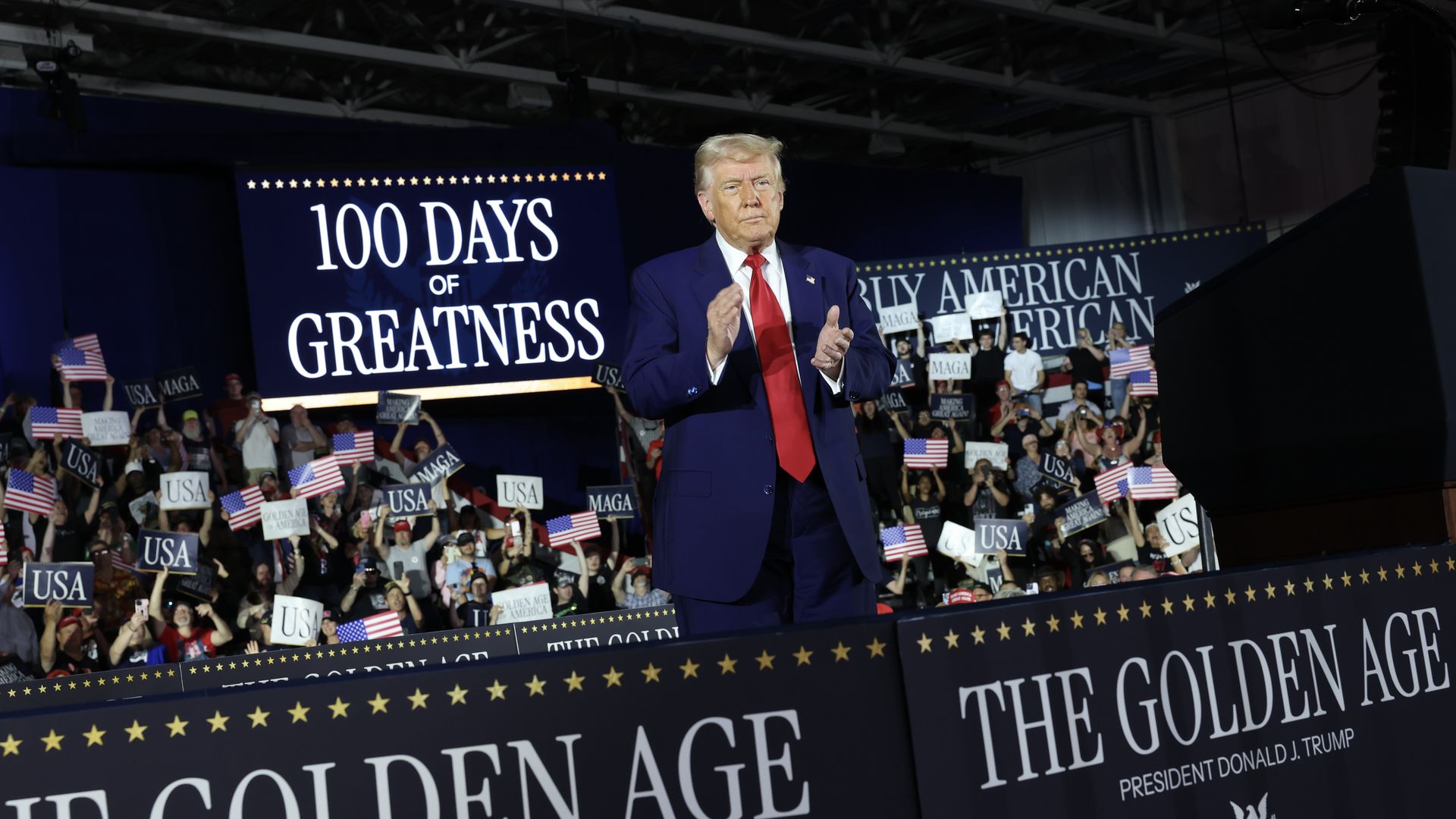  President Donald Trump speaks during a rally at Macomb Community College on April 29, 2025 at Warren, Michigan.