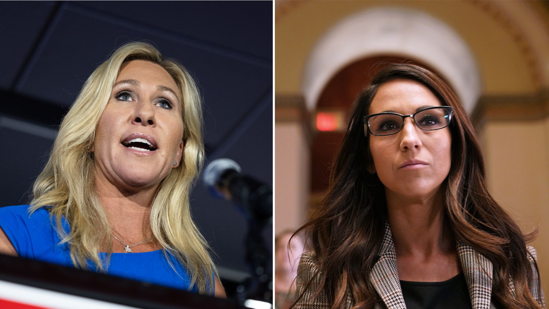 Photo of Marjorie Taylor Greene speaking on the left and Lauren Boebert on the right