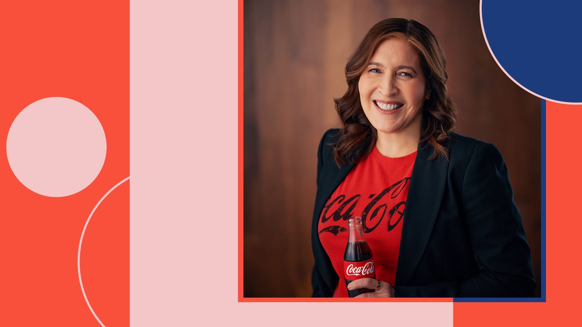 Photo illustration of Beatriz Perez, Coca-Cola's Chief Communications, Sustainability & Strategic Partnerships Officer, next to graphic shapes