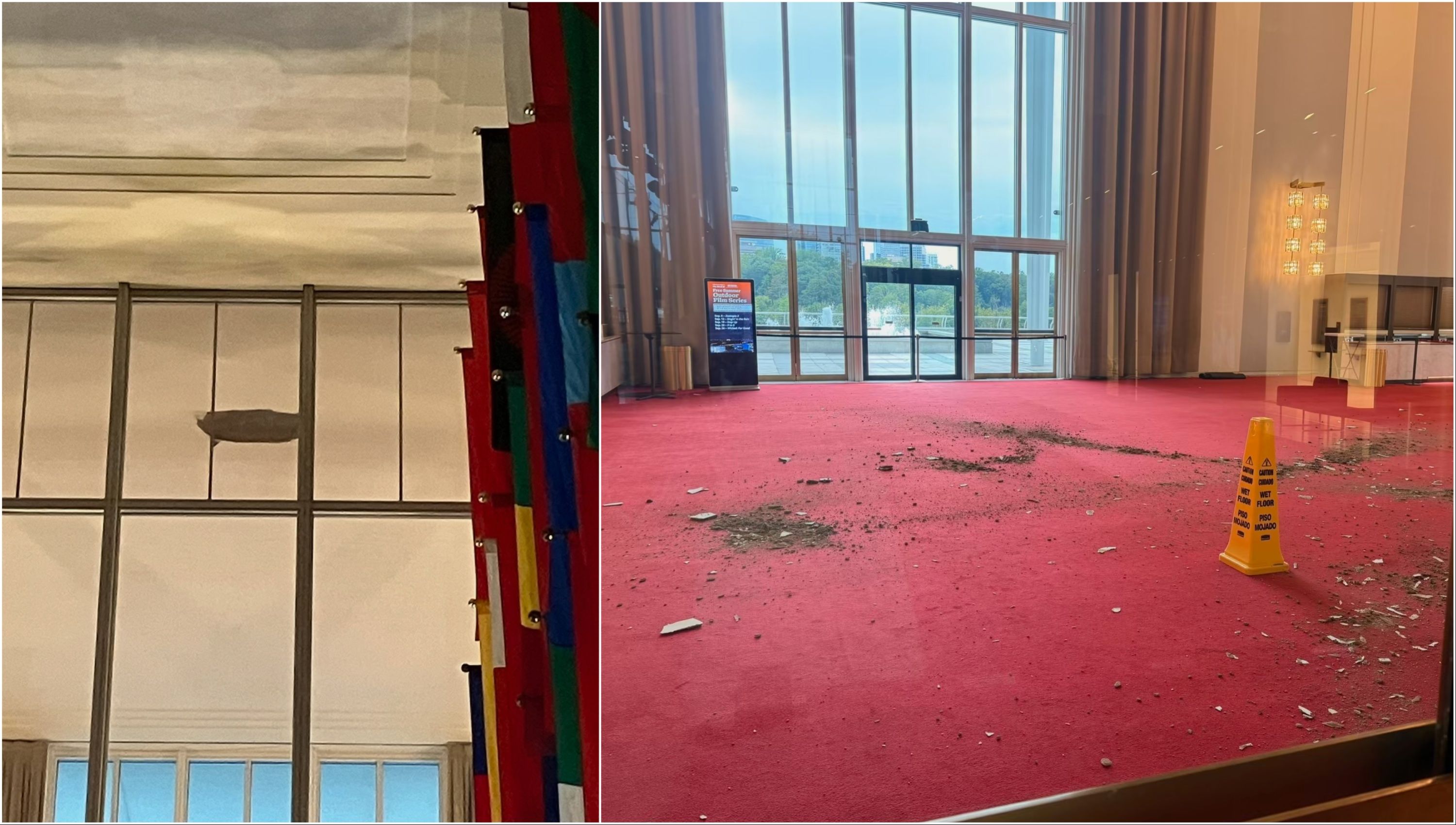 Split image: left shows a beige ceiling with a hole in it and colorful banners; right shows a glass-walled lobby with red carpet, scattered debris, and a yellow caution wet floor cone by the windows.