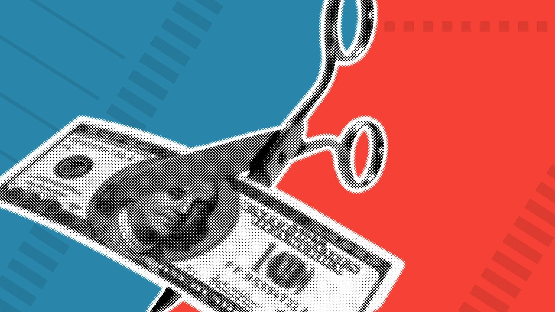 Illustration of a pair of scissors cutting a one hundred dollar bill