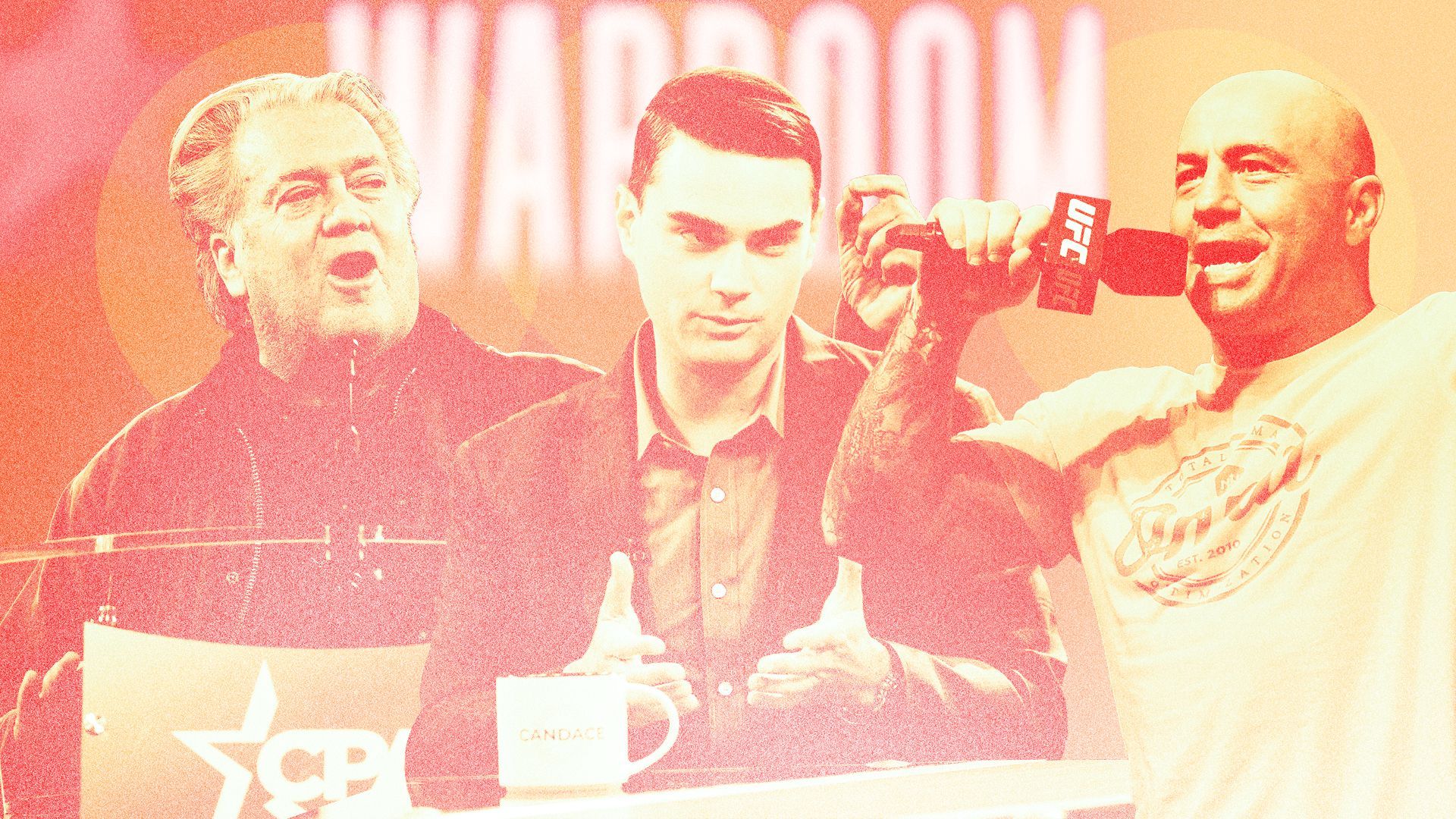 Photo illustration of Steve Bannon, Ben Shapiro, and Joe Rogan