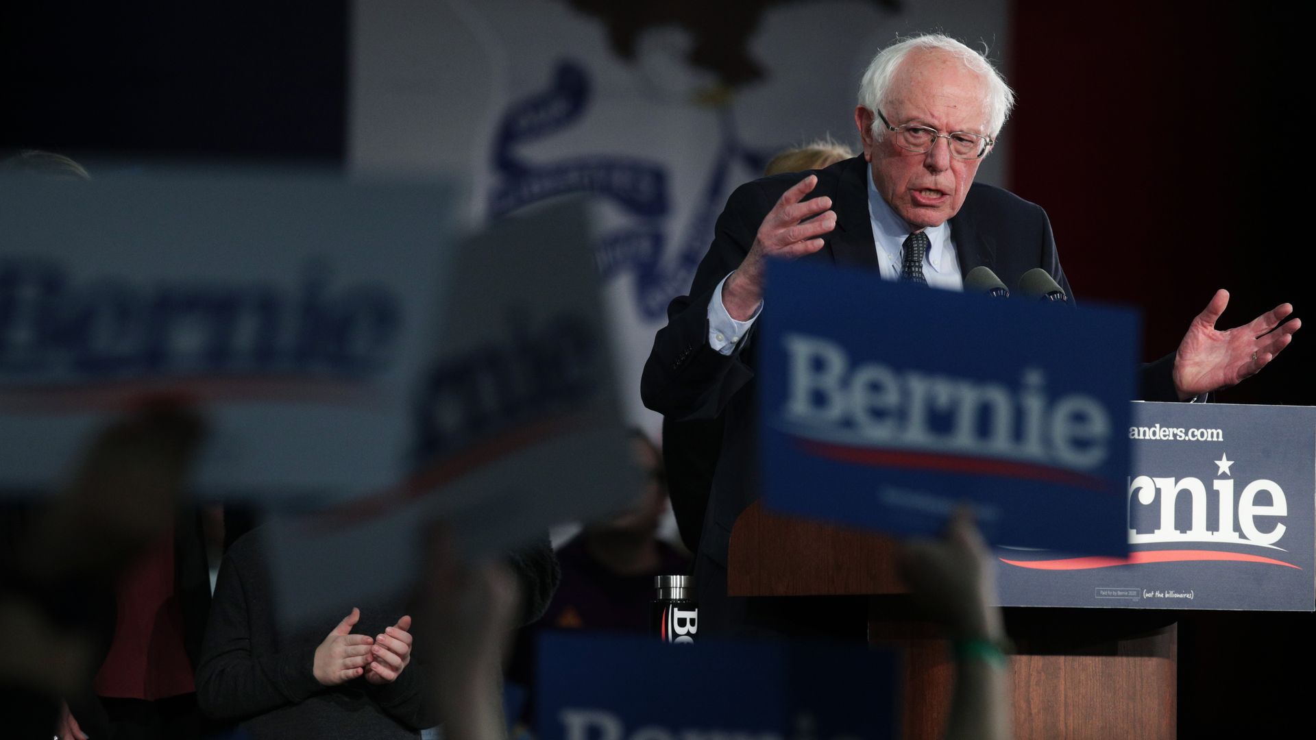 Sen. Bernie Sanders at his caucus night watch party in Iowa.