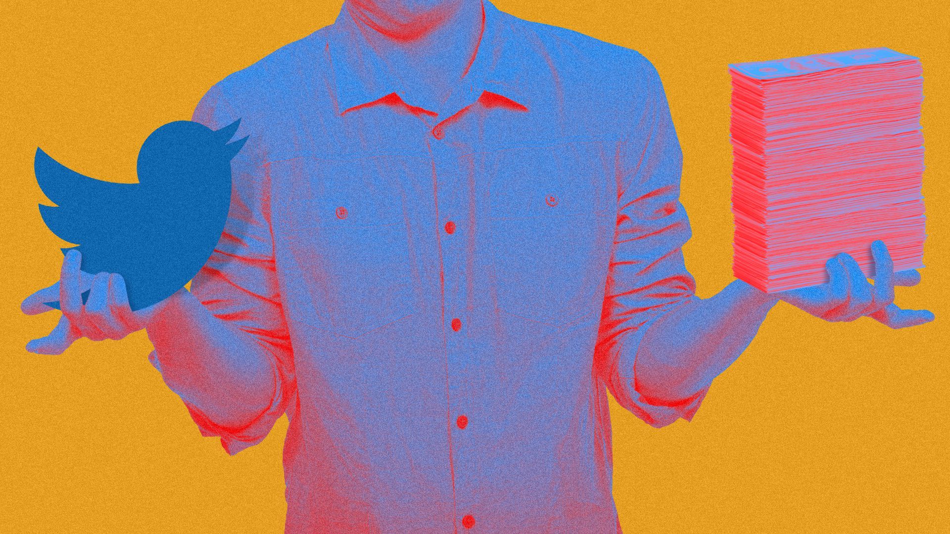 Illustration of a shrugging man holding a stack of money and the Twitter logo