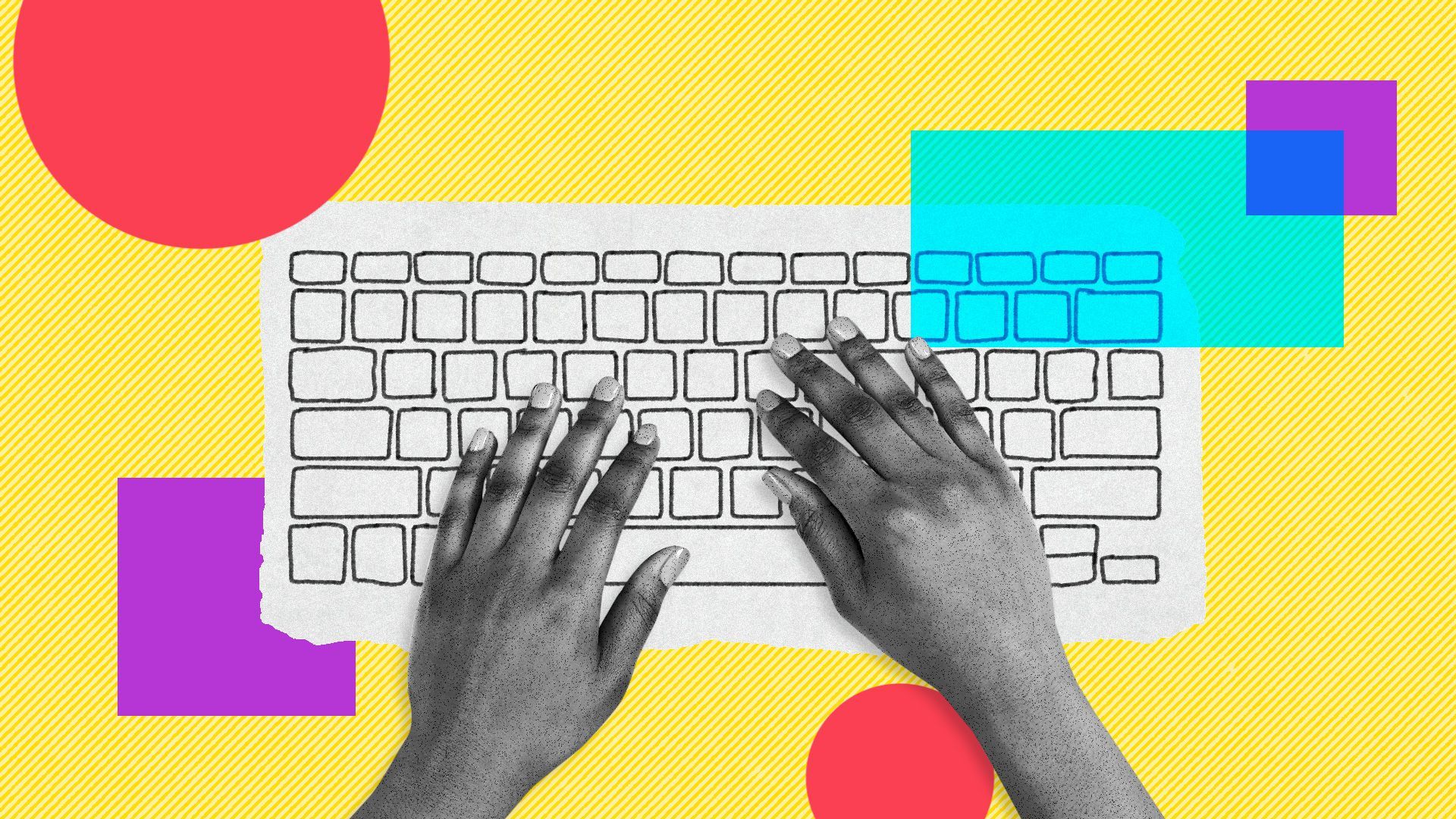 Illustration of a teenager using a paper keyboard surrounded by colorful shapes. 