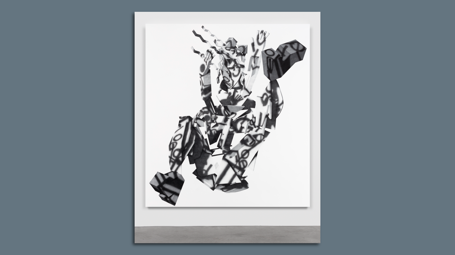 A black and white abstract image suggests the form of a man falling from the sky