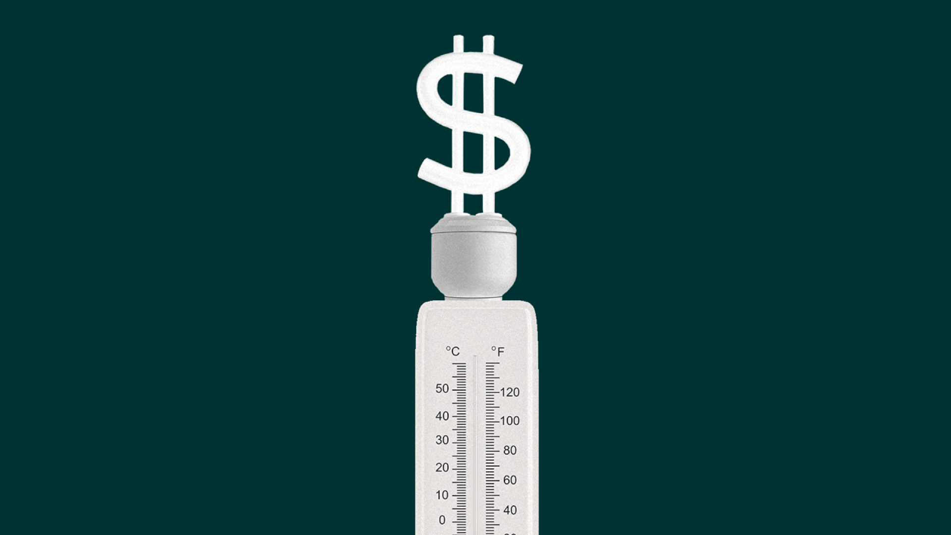 A temperature bar rising toward an electrified dollar sign.