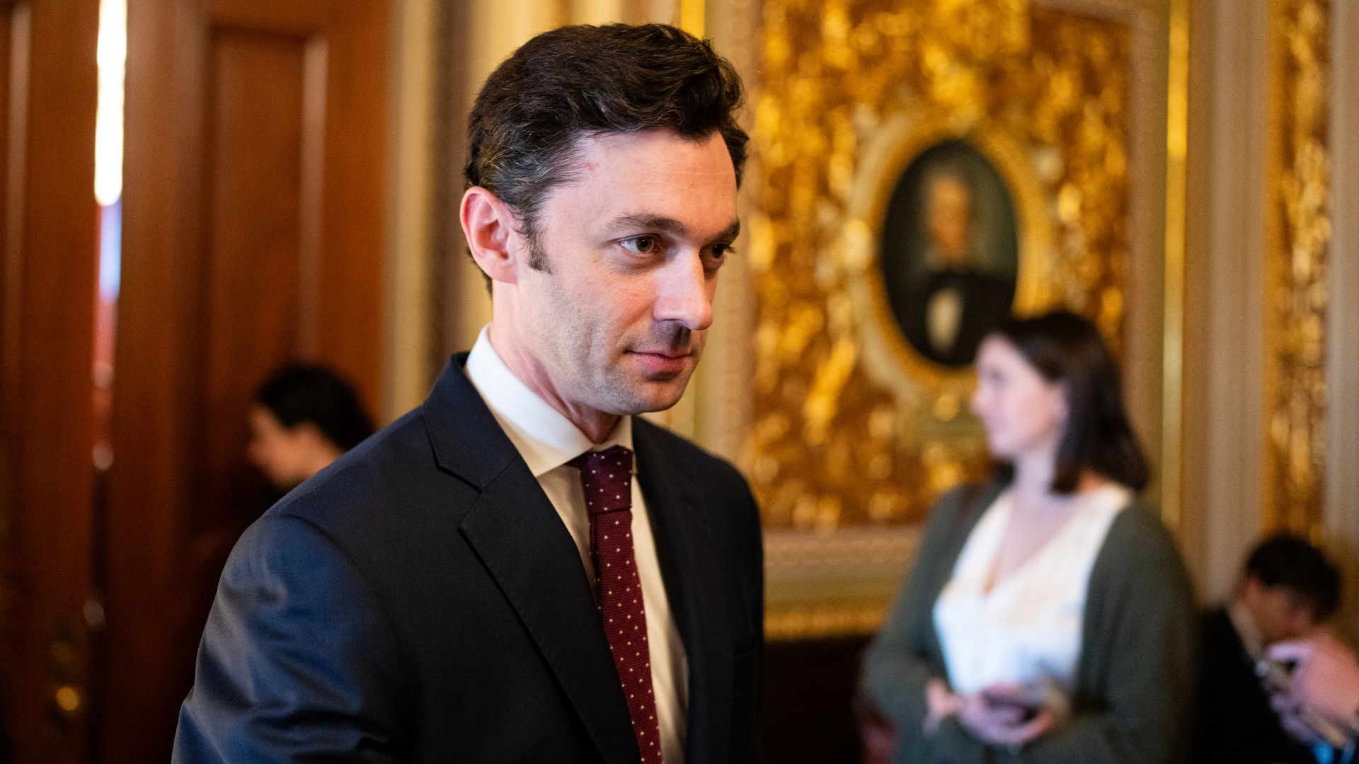 Sen. Jon Ossoff, D-Ga., leaves the Senate Democrats' lunch meeting in the U.S. Capitol on Tuesday, March 11, 2025. (Bill Clark/CQ-Roll Call, Inc via Getty Images)