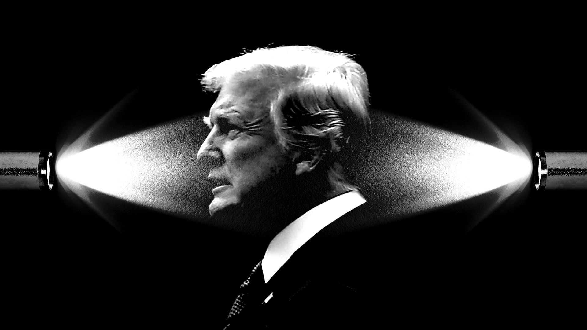 A black-and-white illustration of President Trump between spotlights.