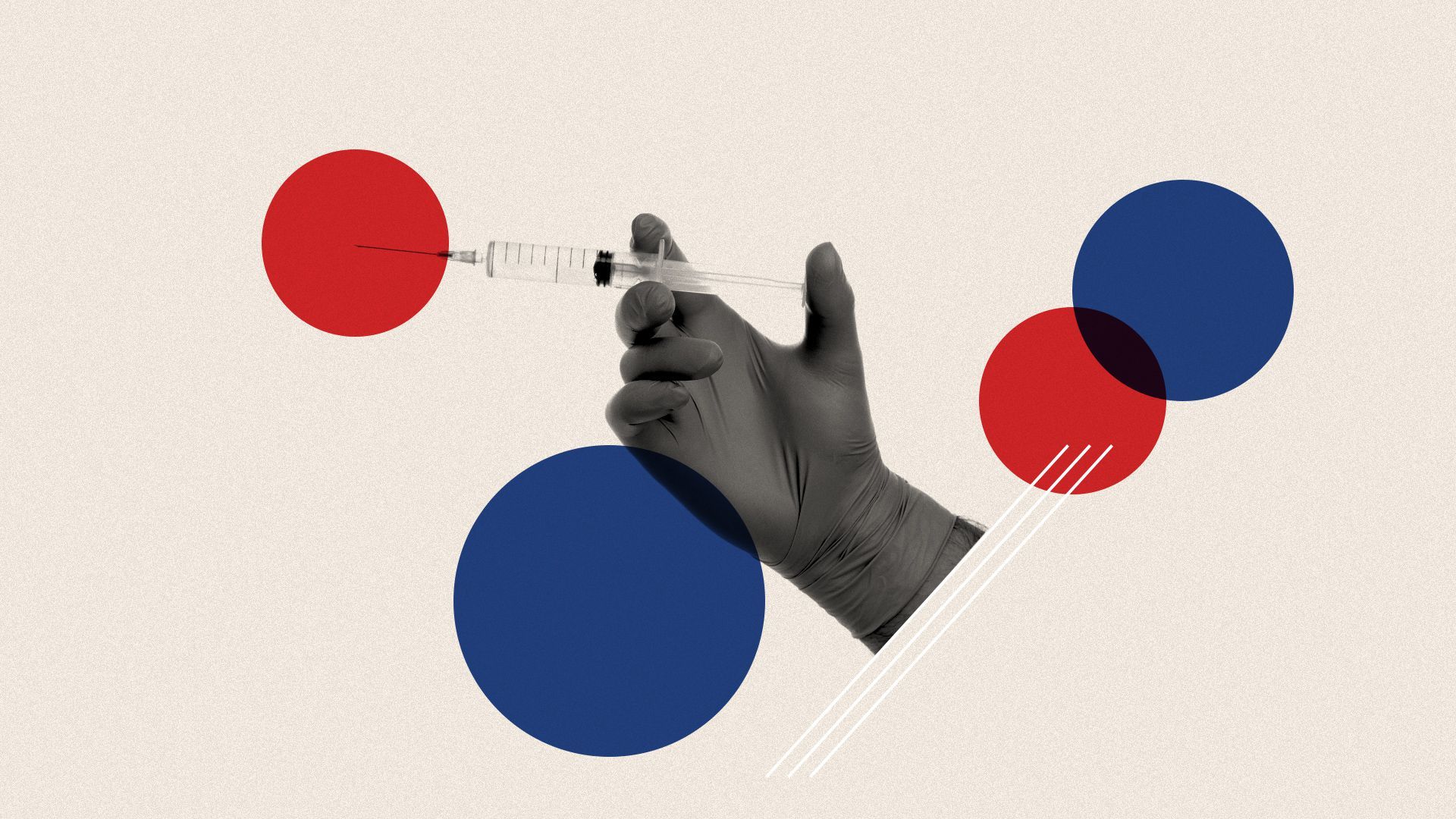 Illustrated collage of a hand wearing a surgical glove holding a syringe. 