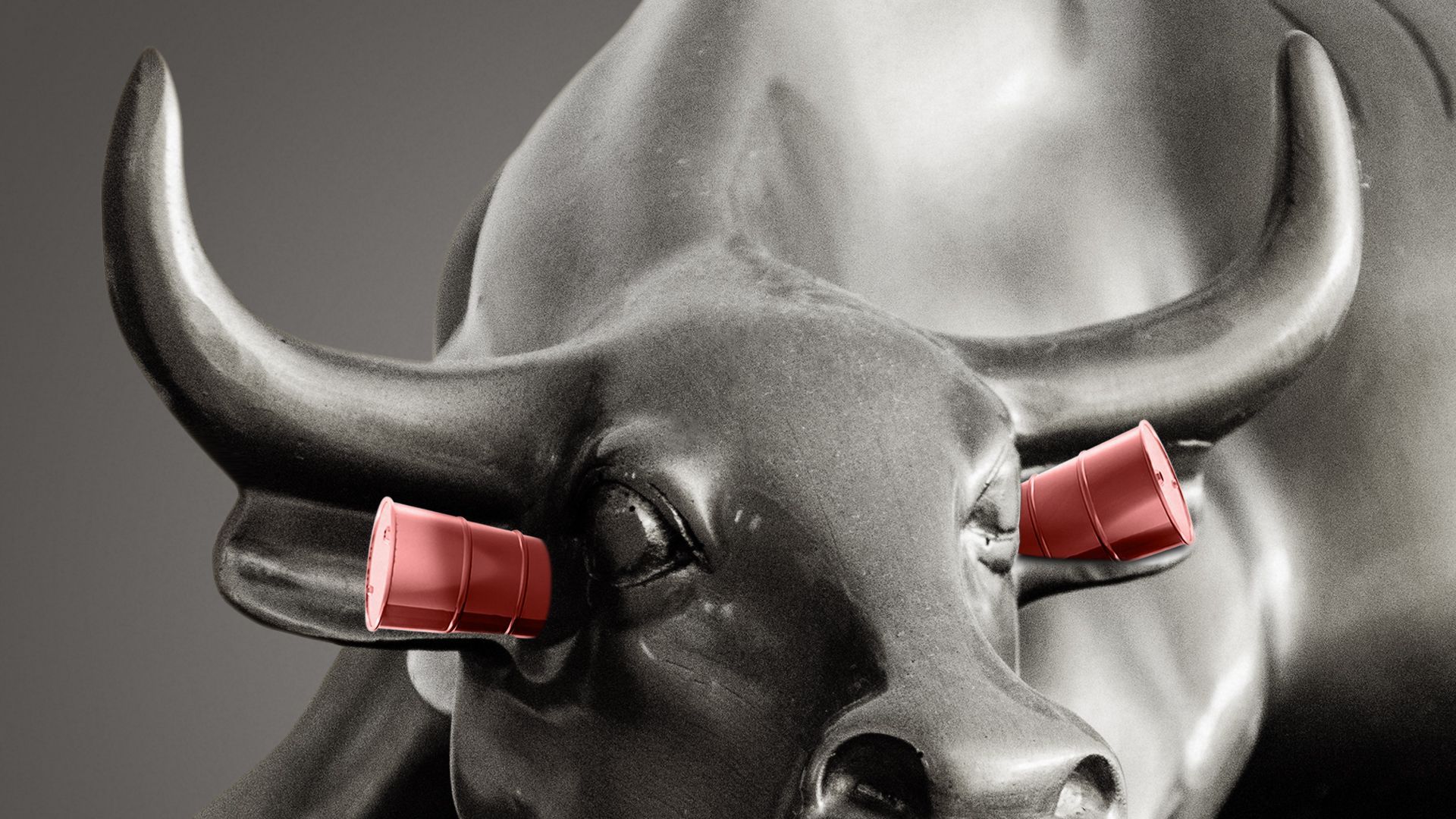 Illustration of Bull of Wall Street with oil barrels acting as ear plugs.