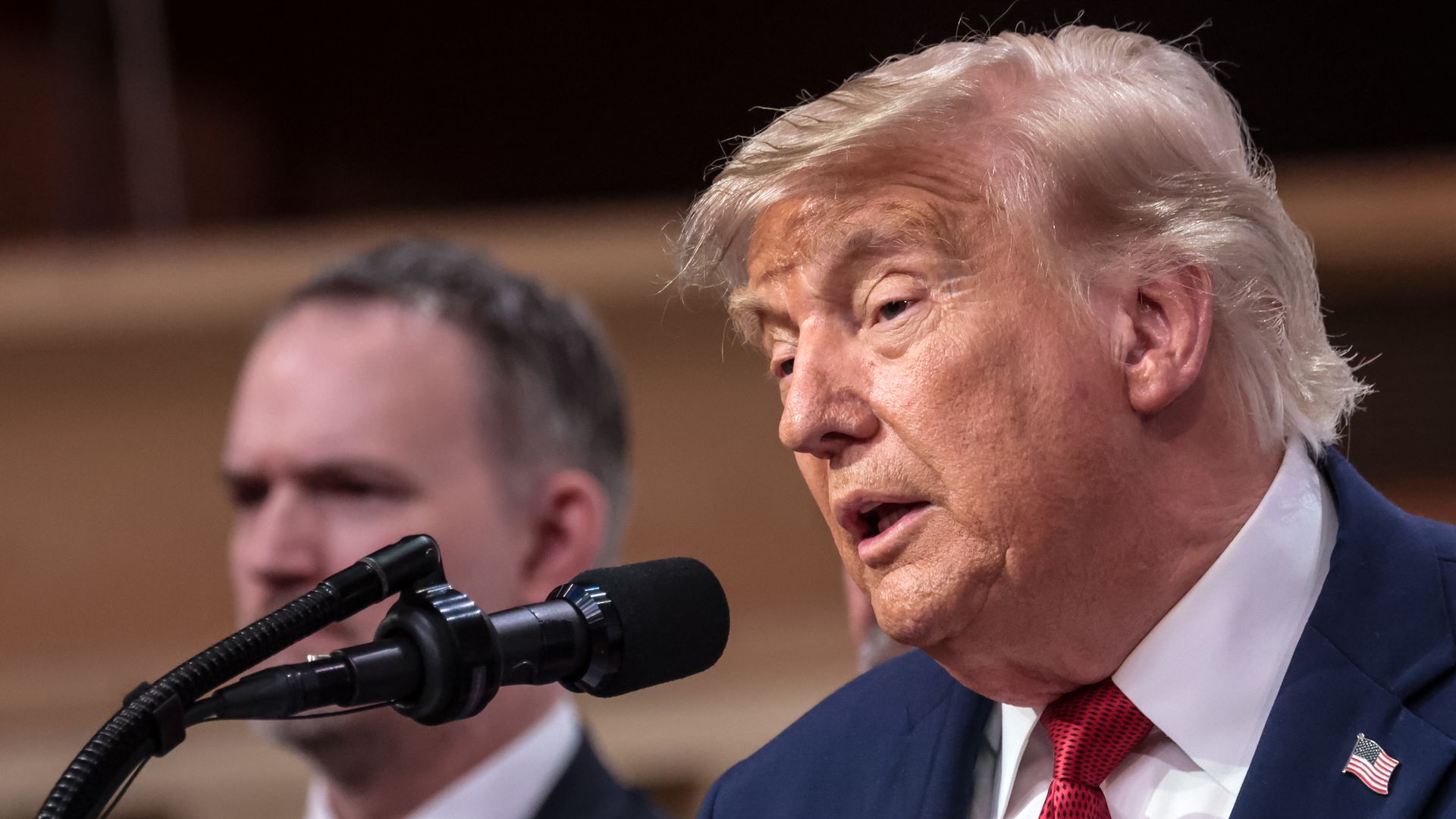 PresidenTrump speaks during a press conference at the end of the G7 summit in Evian, France