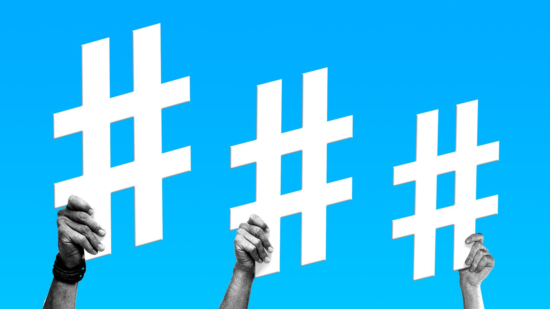 Illustration of hands holding giant hashtags
