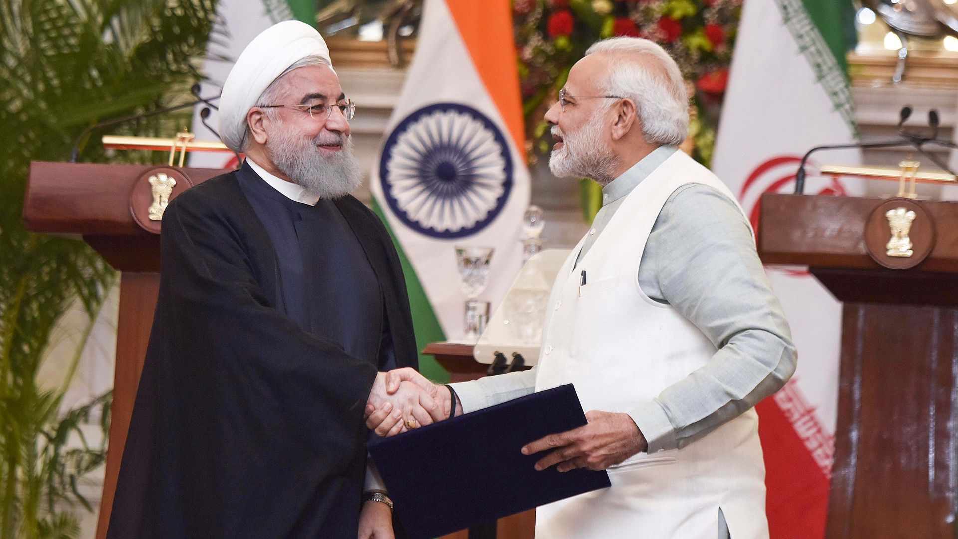 Iran President Dr. Hassan Rouhani with PM Narendra Modi after releasing commemorative stamp at Hyderabad House, on February 17, 2018 in New Delhi