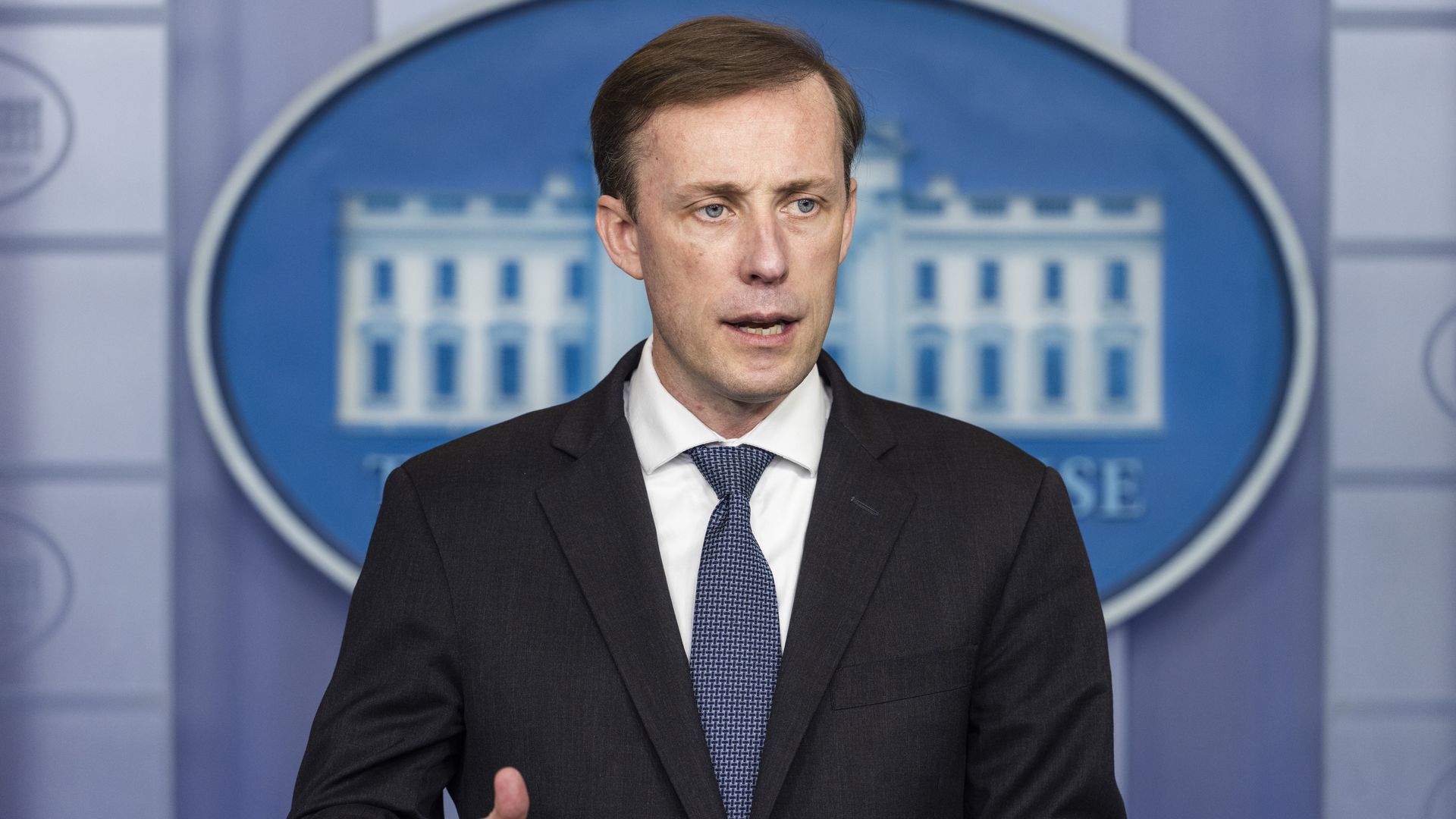 National Security Adviser Jake Sullivan is seen speaking at the White House.