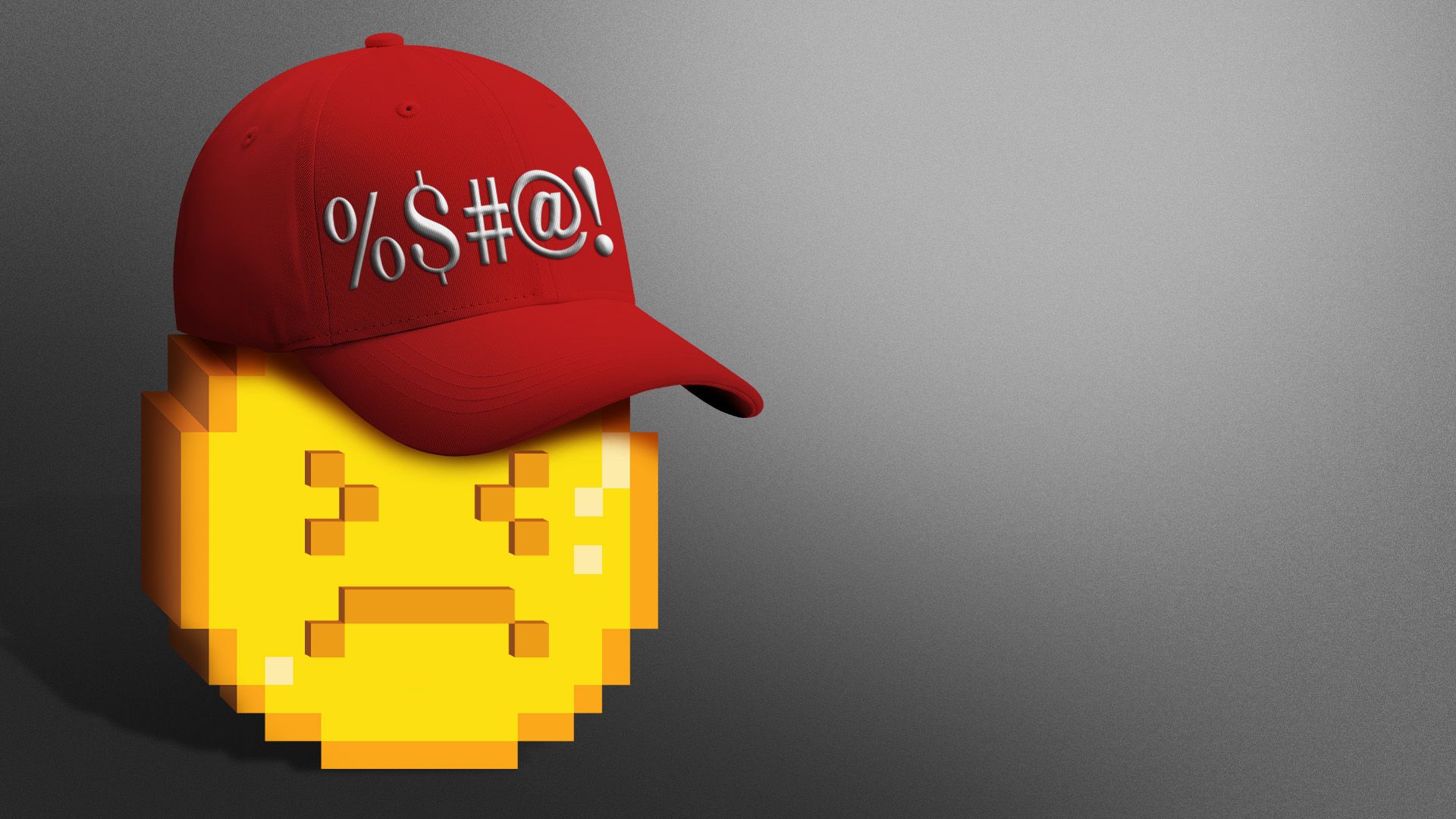 Illustration of a digital coin with an angry face wearing a MAGA-style hat with a censored word on it
