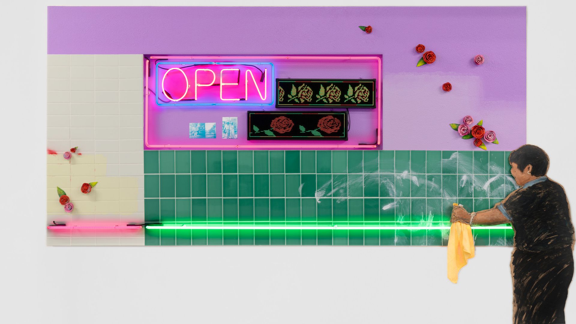 An art work depicting a person cleaning a counter at an eatery window with a pink neon OPEN sign.. 