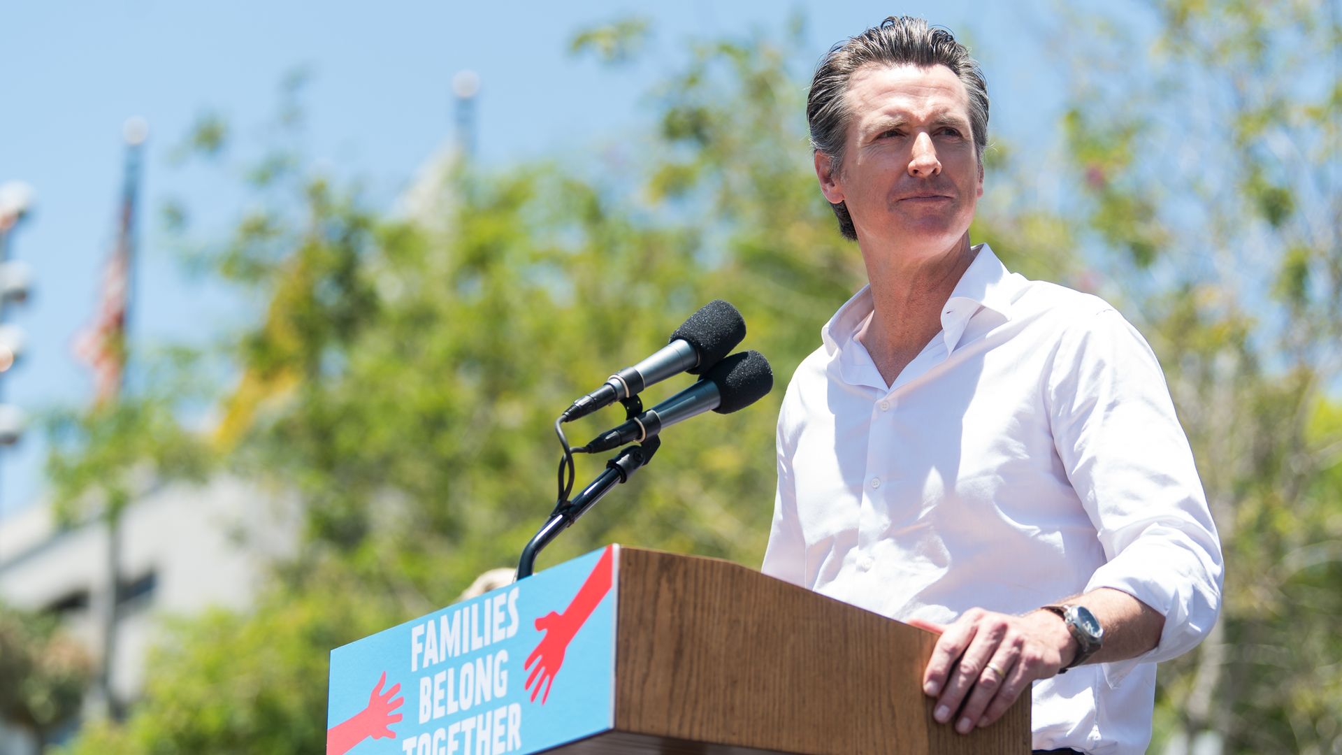 Gavin Newsom attends 'Families Belong Together - Freedom for Immigrants March Los Angeles' at Los Angeles City Hall on June 30, 2018 in Los Angeles, California.
