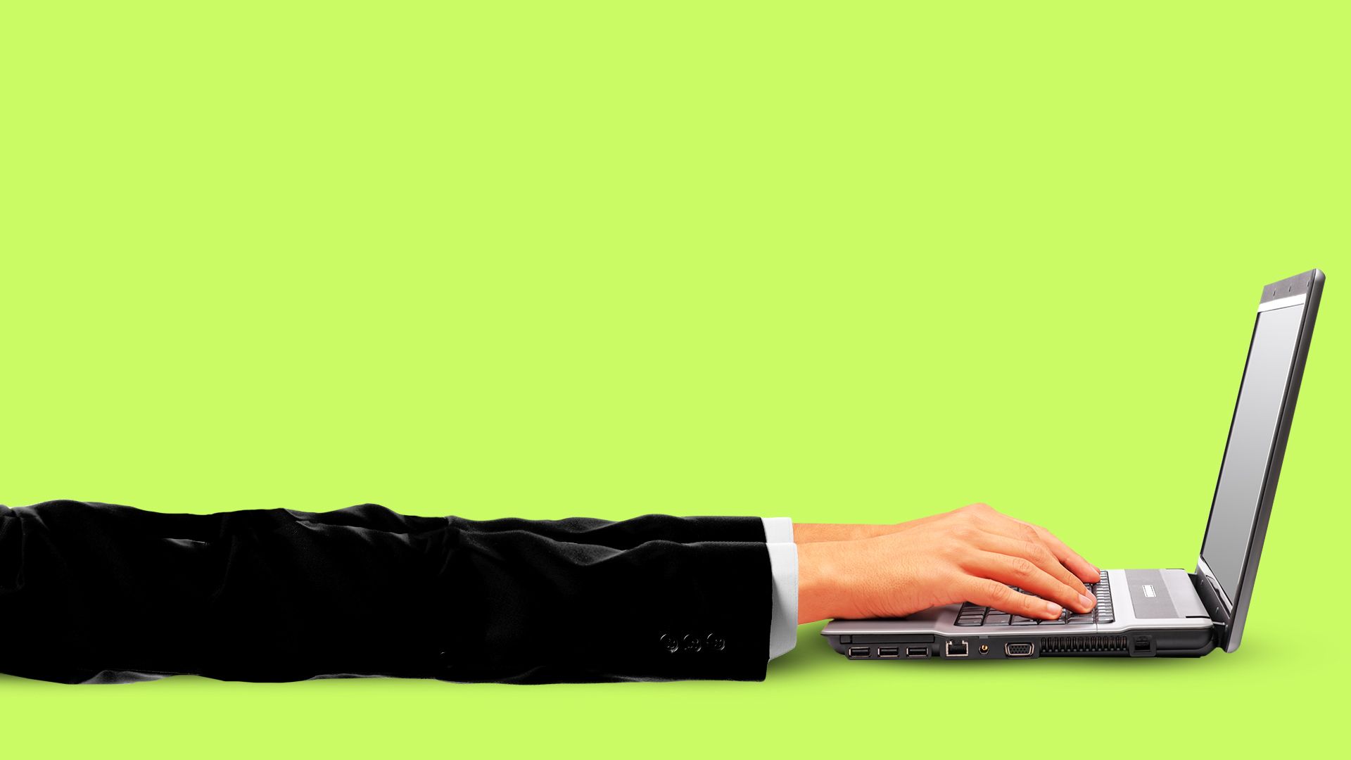 Illustration of a pair of hands with super long arms reaching out and working on a laptop.  