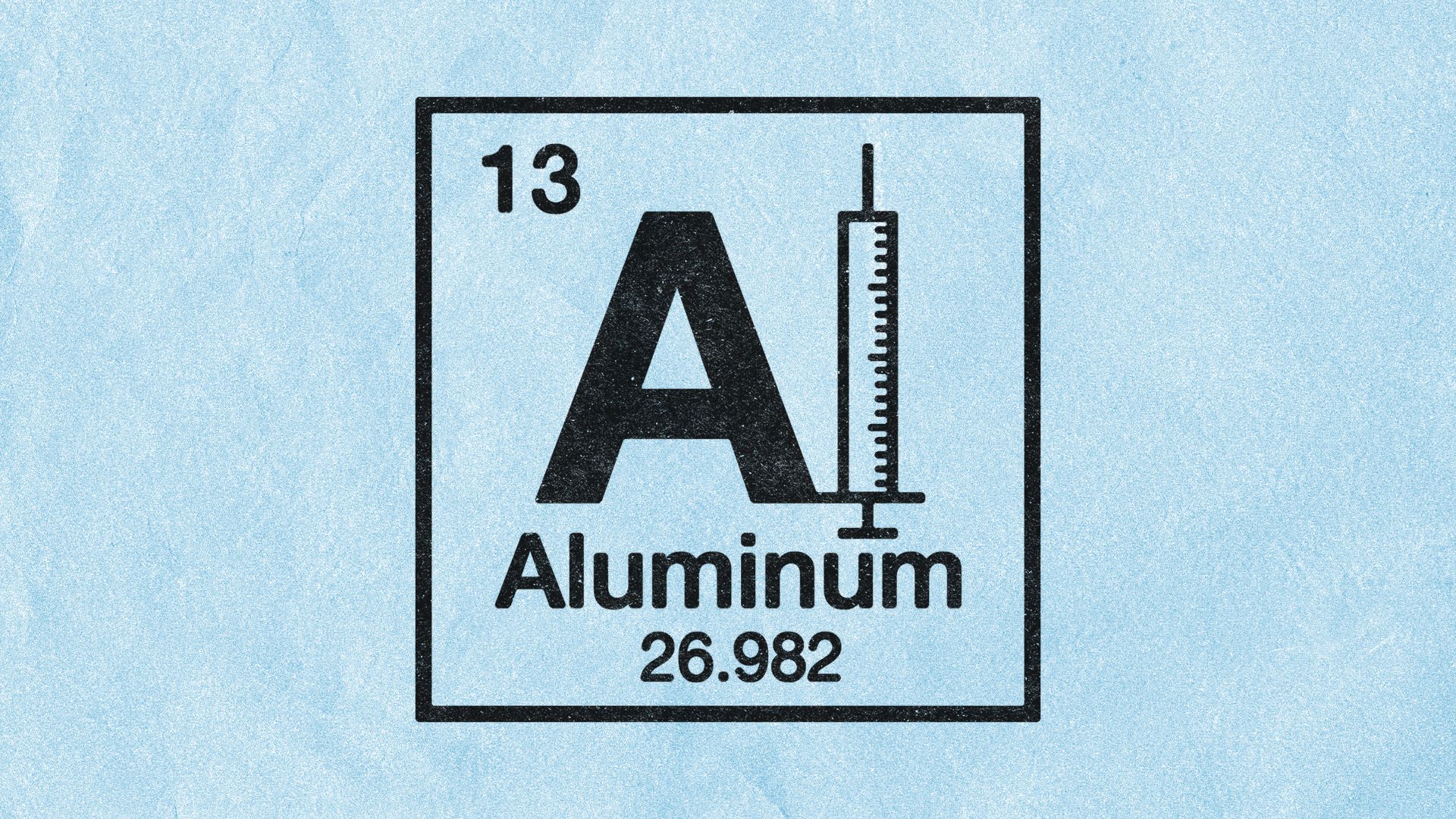 Illustration of the Periodic Table of Elements entry for Aluminum, with the l in the abbreviation Al replaced with an illustration of a syringe.