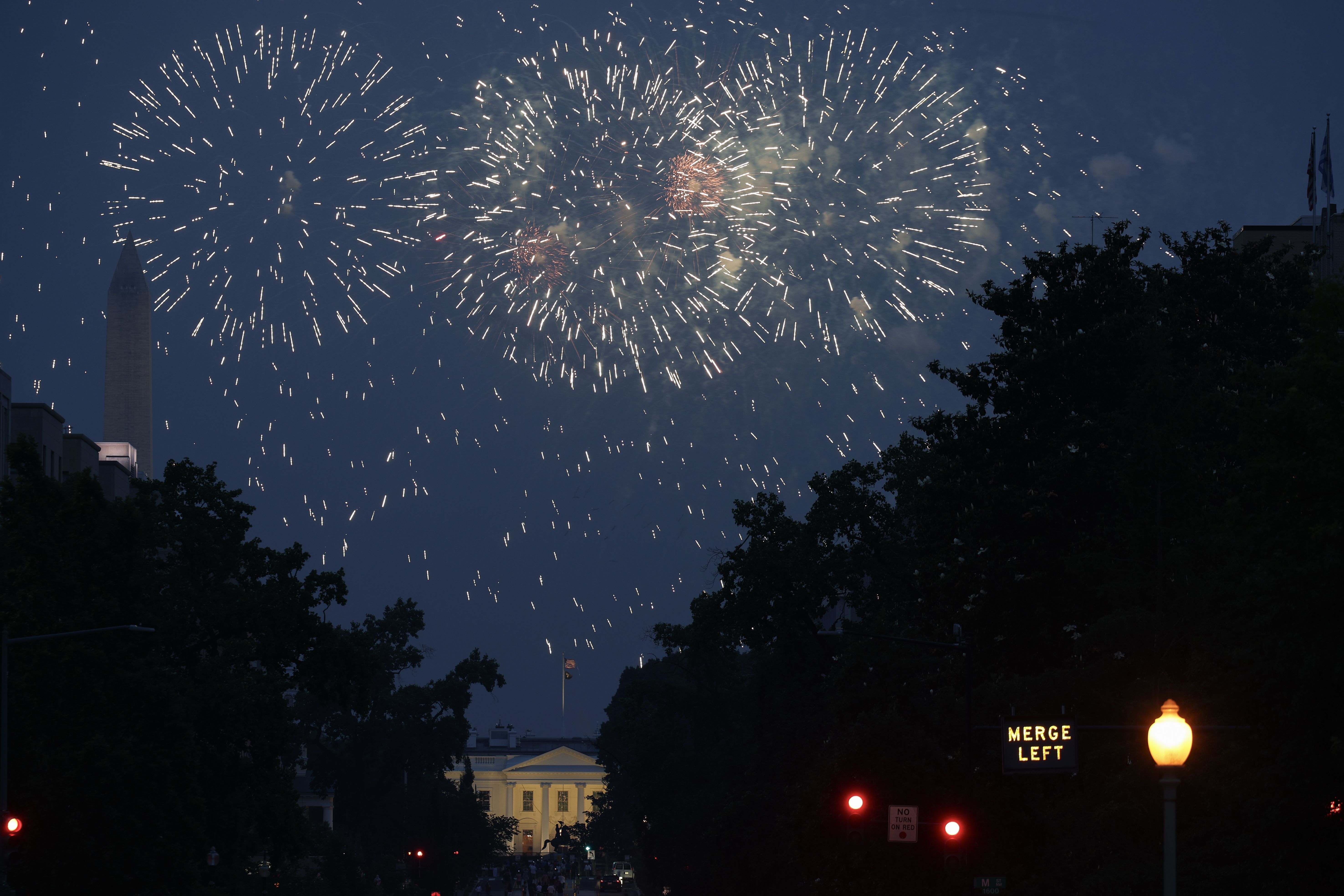 Fireworks explode over the White House during the U.S. Army's 250th birthday celebration on June 14, 2025 in Washington, DC. The U.S. Army is marking its 250th birthday with the military parade including roughly 6,600 troops, 150 vehicles, and over 50 aircraft. 