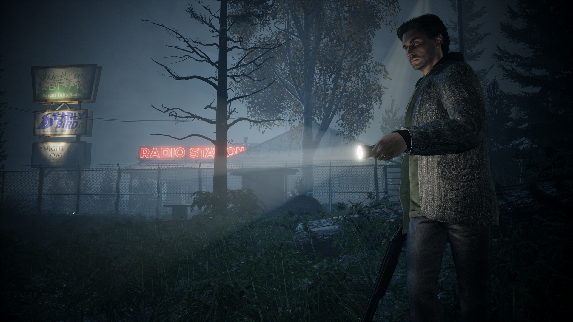 A man in a dark forest with a flashlight, video game screenshot
