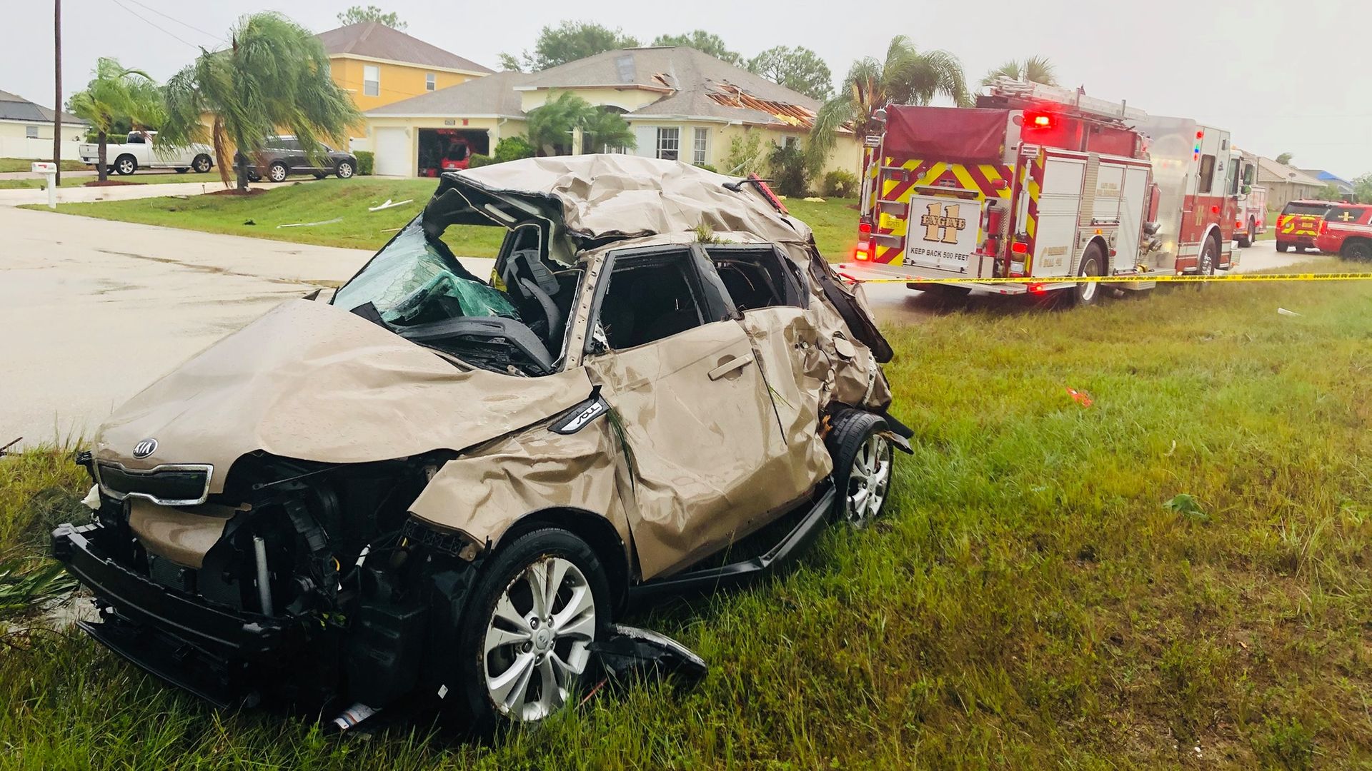 A tornado spawned by Tropical Storm Nestor damaged this car in Cape Coral, Florida, on Saturday, Oct. 19, 2019.