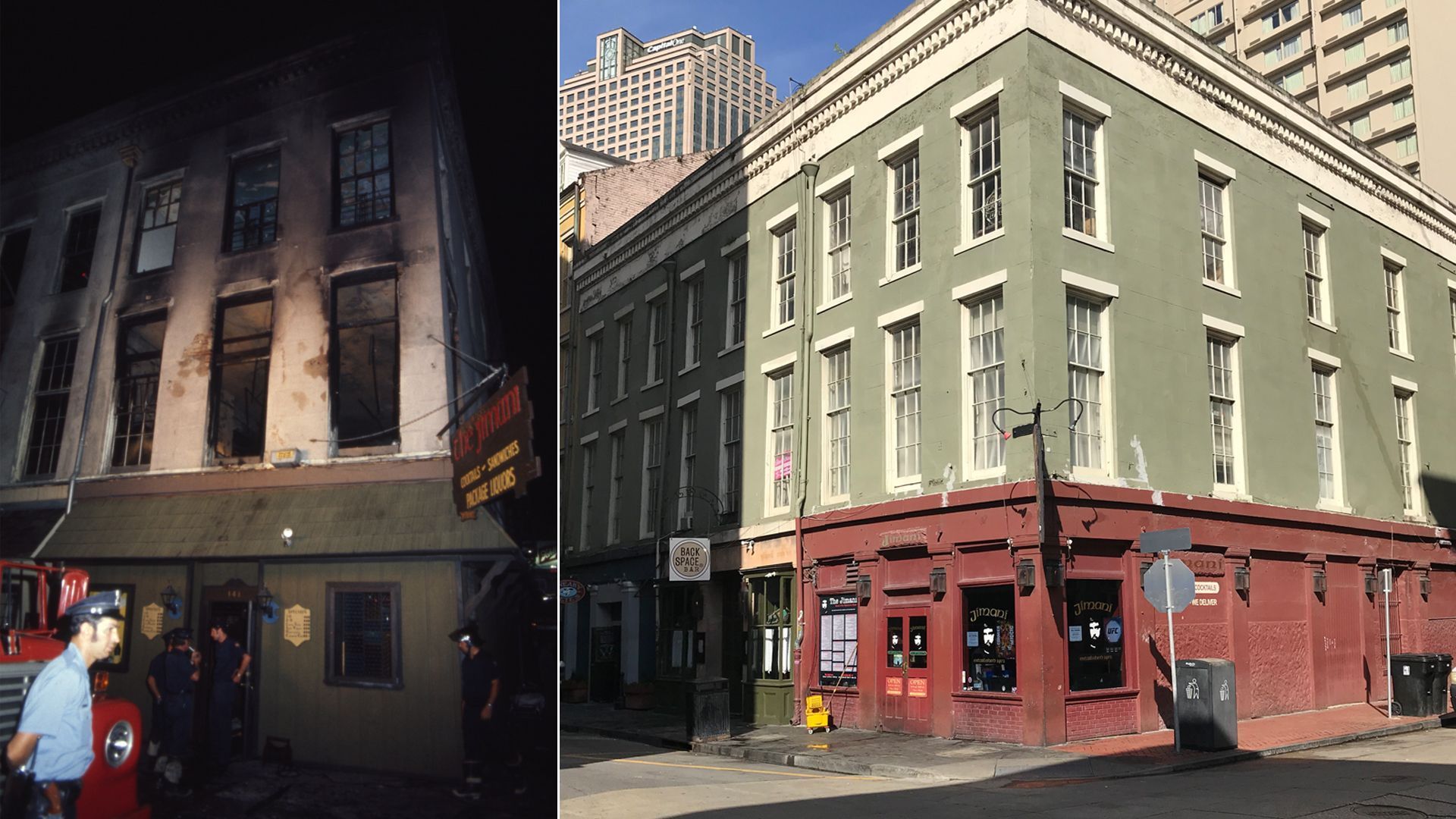 Image shows a photo combo of the exterior of the Up Stairs Lounge after the fire and what it looks like today.