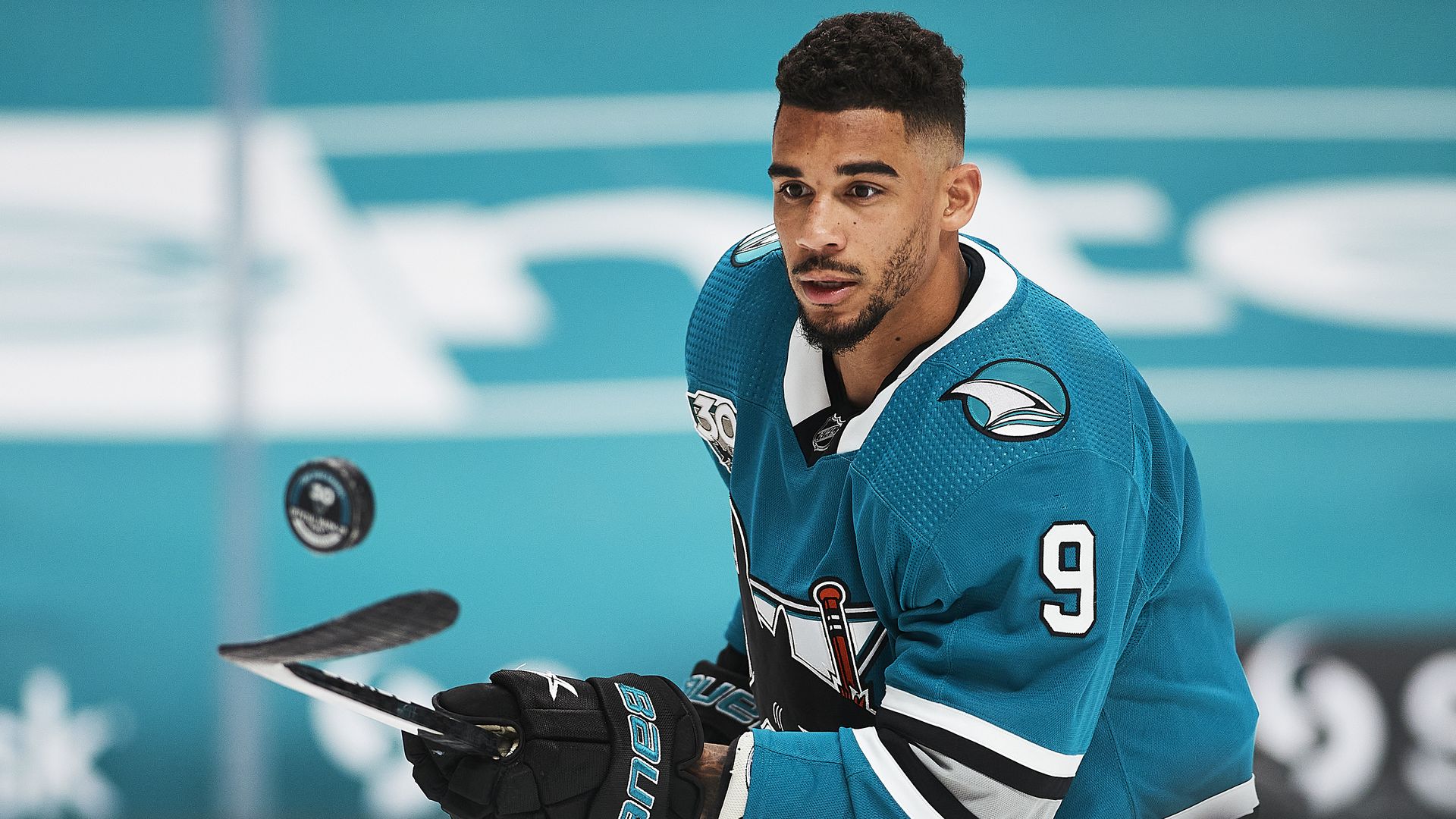 San Jose Sharks left wing Evander Kane (9) warms up before the San Jose Sharks game versus the Vegas Golden Knights on May 12, 2021, at SAP Center at San Jose in San Jose, CA. 