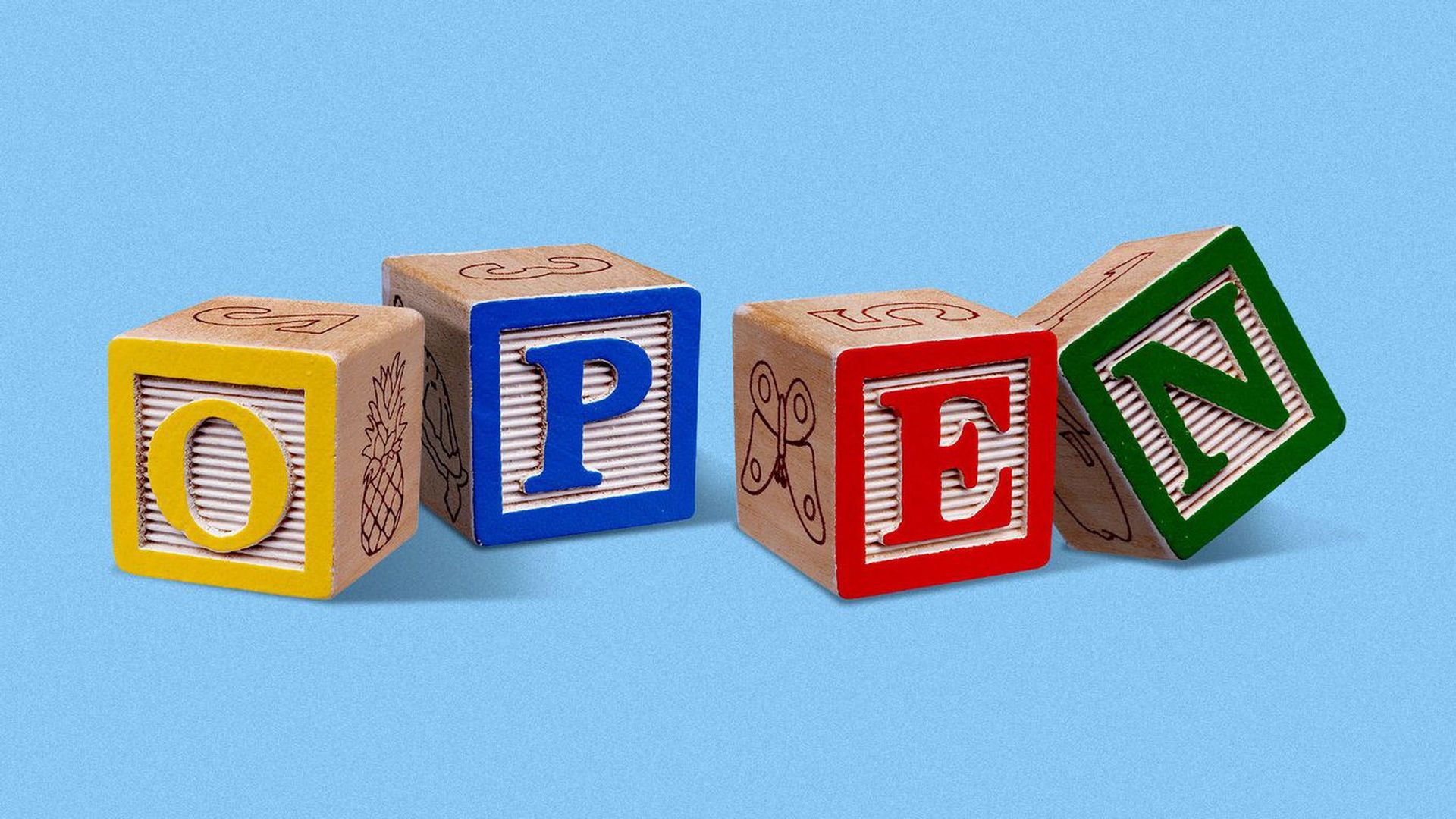 A set of blocks with the word Open spelled