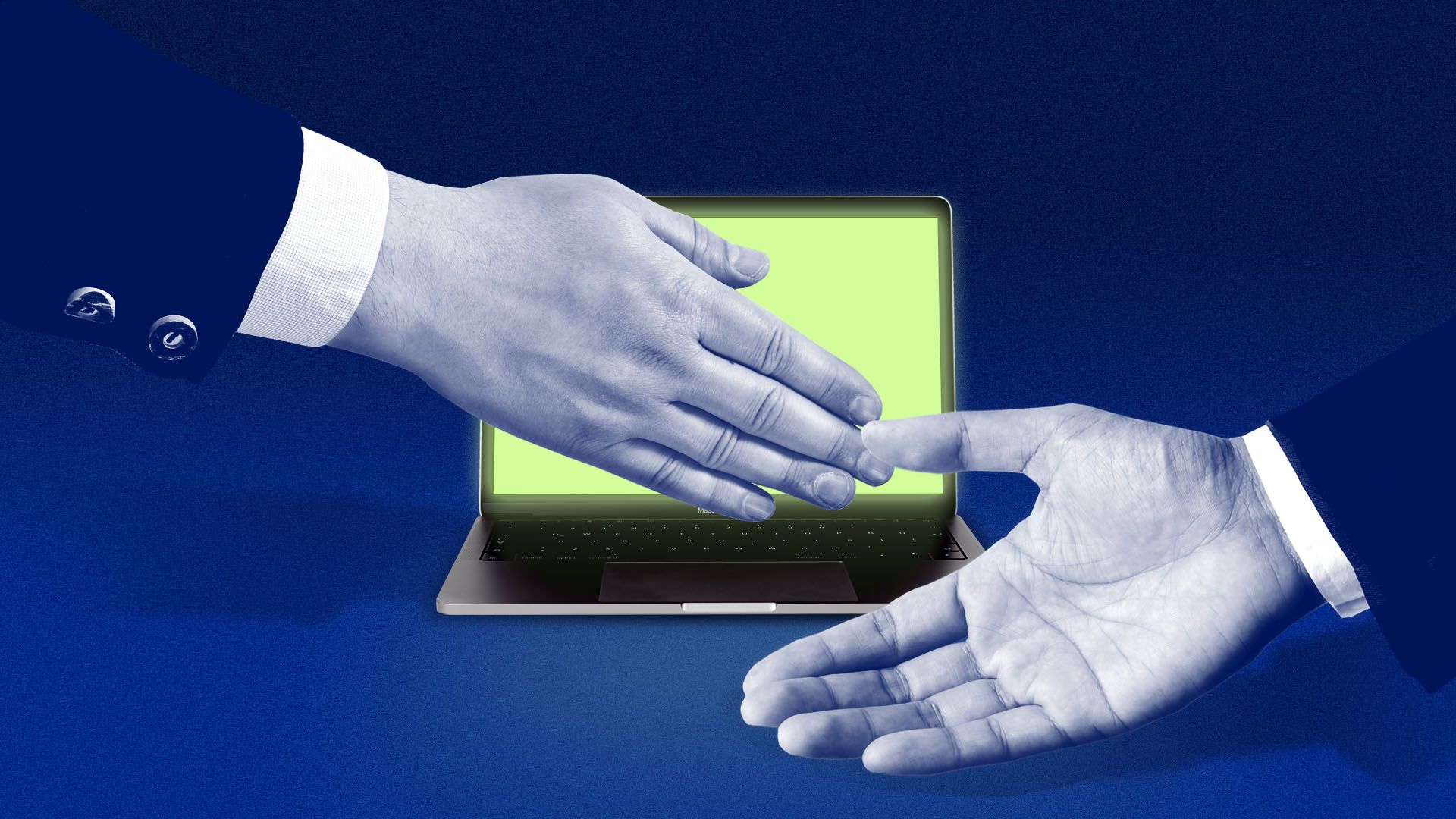 Illustration of a one hand trying to cover a laptop screen while another presents it to the viewer