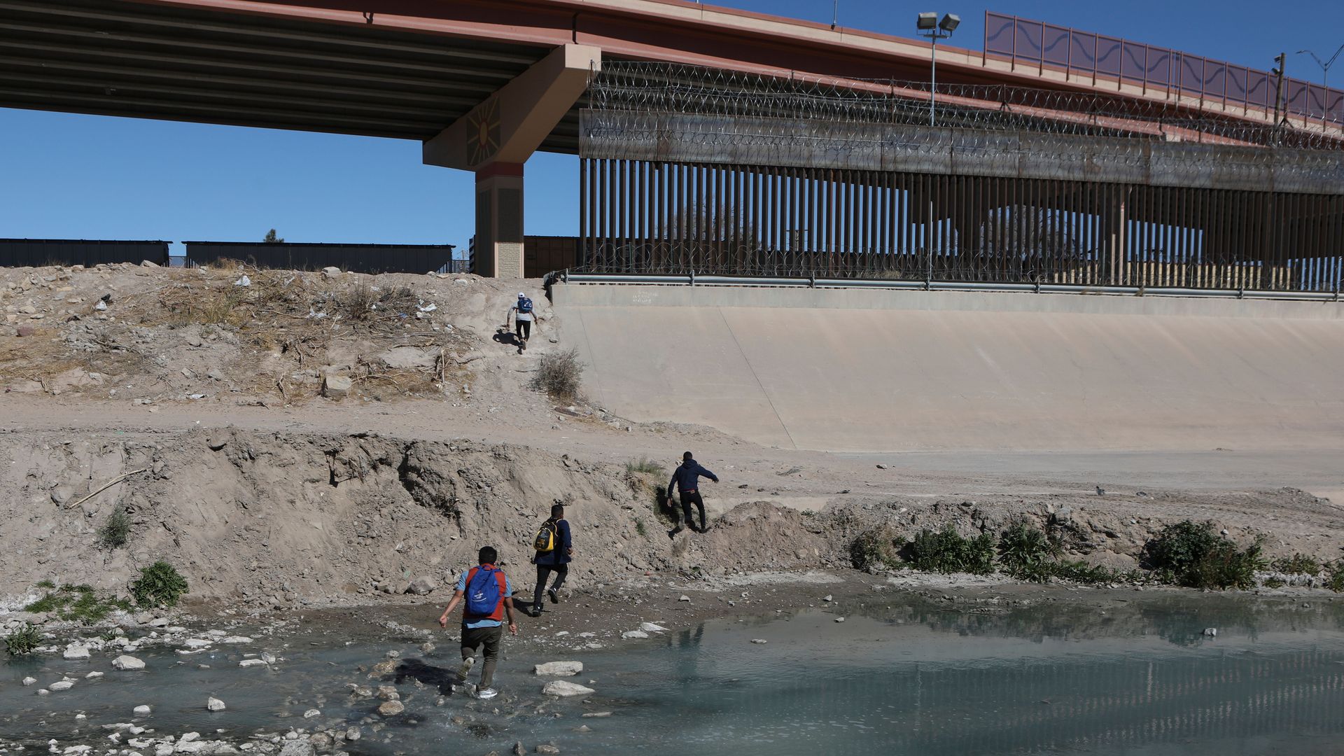Migrants cross the Rio Bravo to get to El Paso, state of Texas from Ciudad Juarez, Chihuahua state, Mexico 
