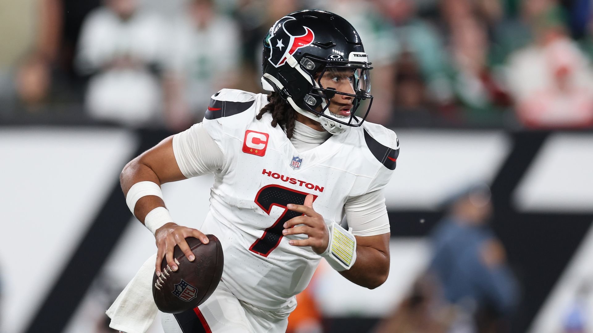 Texans quarterback C.J. Stroud scrambles during the team's loss last week against the New York Jets. Photo: Luke Hales/Getty Images