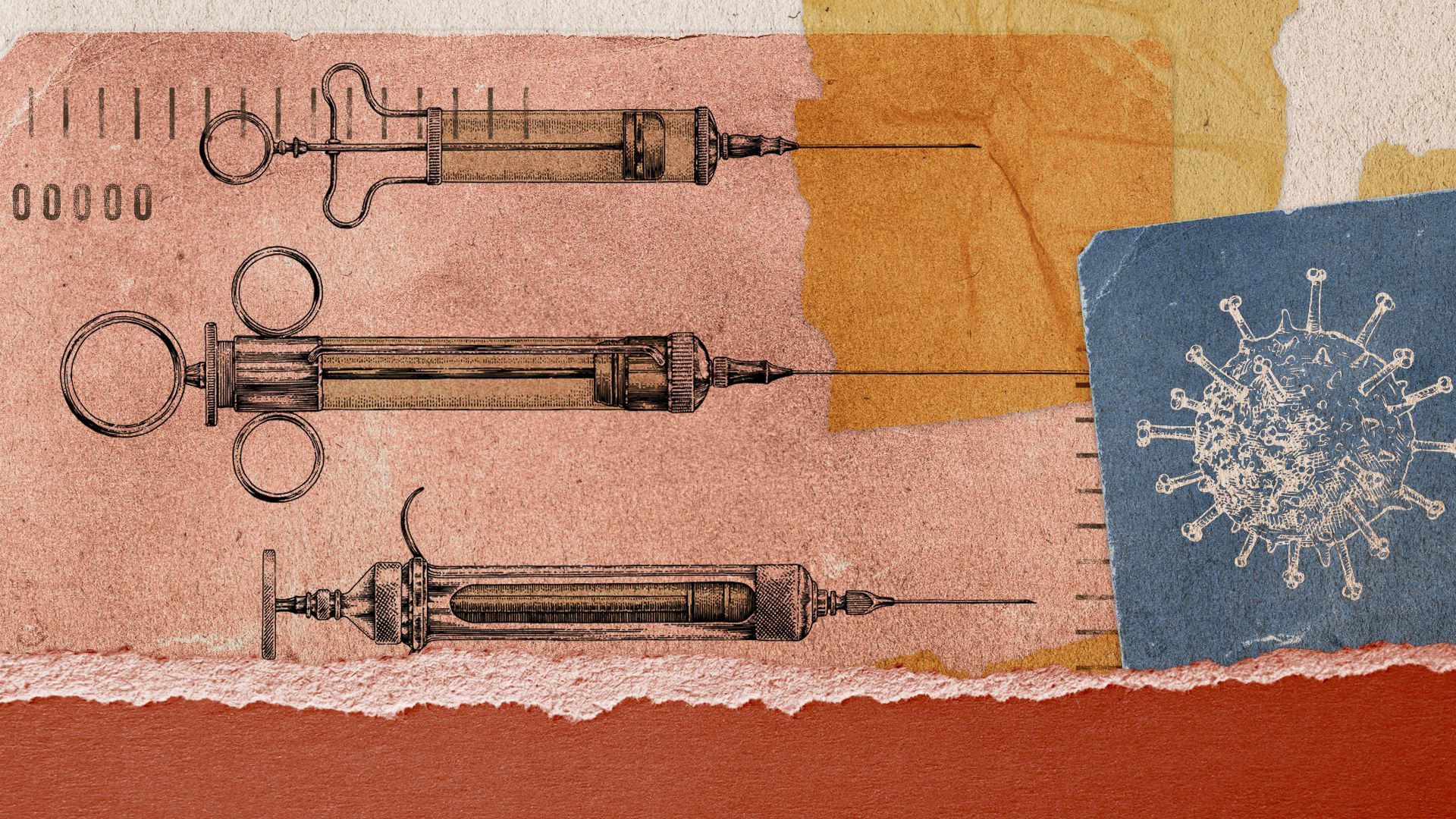 Old-fashioned illustration of syringes layered on torn paper.
