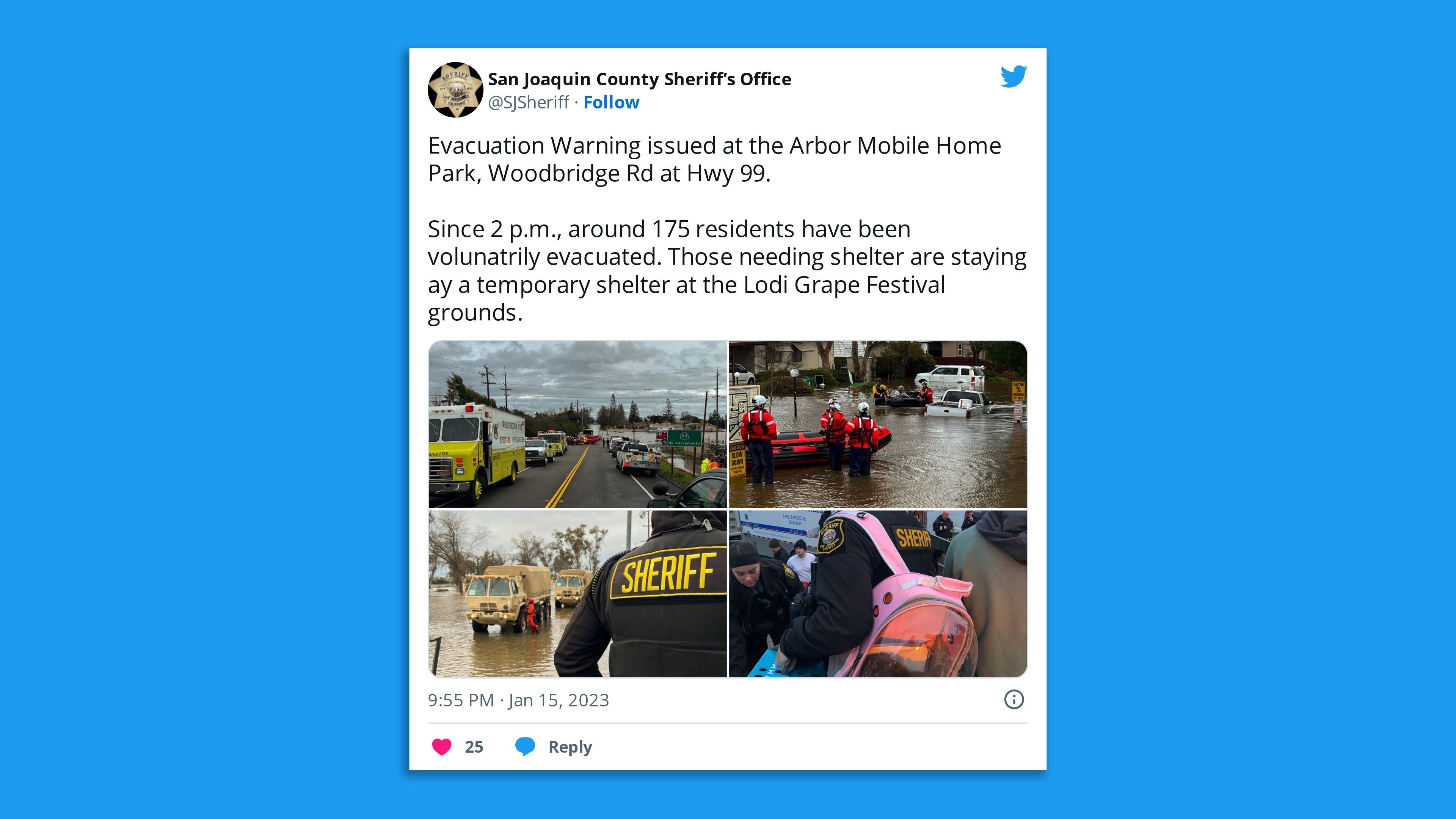 A screenshot of a tweet from the San Joaquin County Sheriff's Office showing a flooded mobile home park that notes 175 residents voluntarily evacuated.