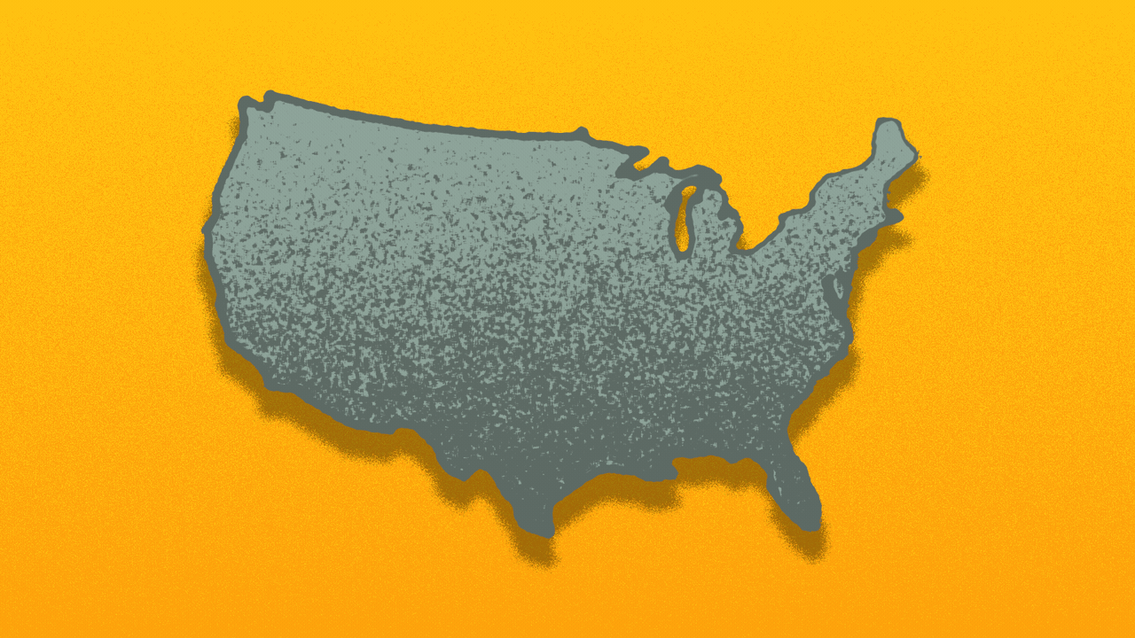 Illustration of a map of the United States being covered by armadillo skin, and growing ears and a tail.