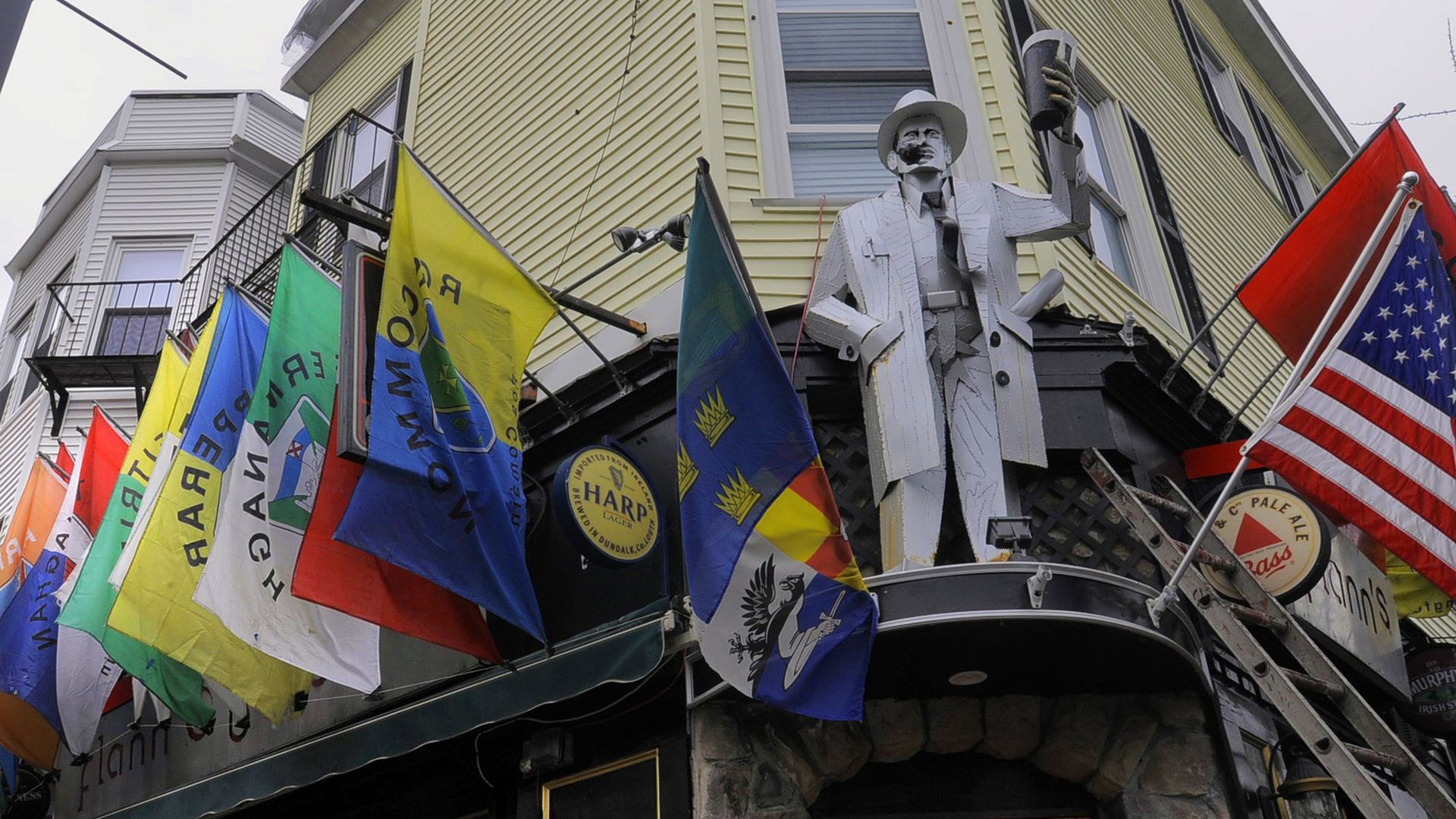 Exterior of Flann O'Brien's Irish pub on Tremont Street in Boston's Mission Hill neighborhood before St. Patrick's Day.
