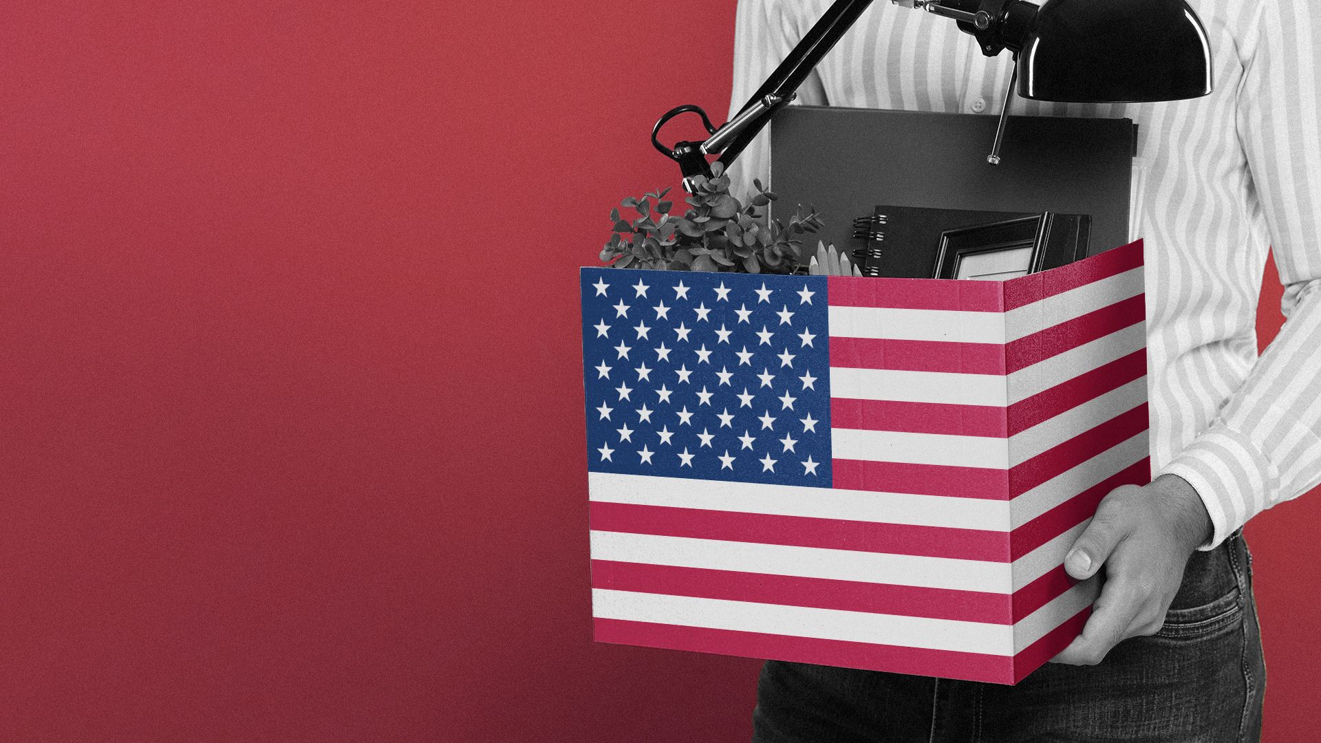 Illustration of a man holding a box of office supplies overlaid with the U.S. flag.