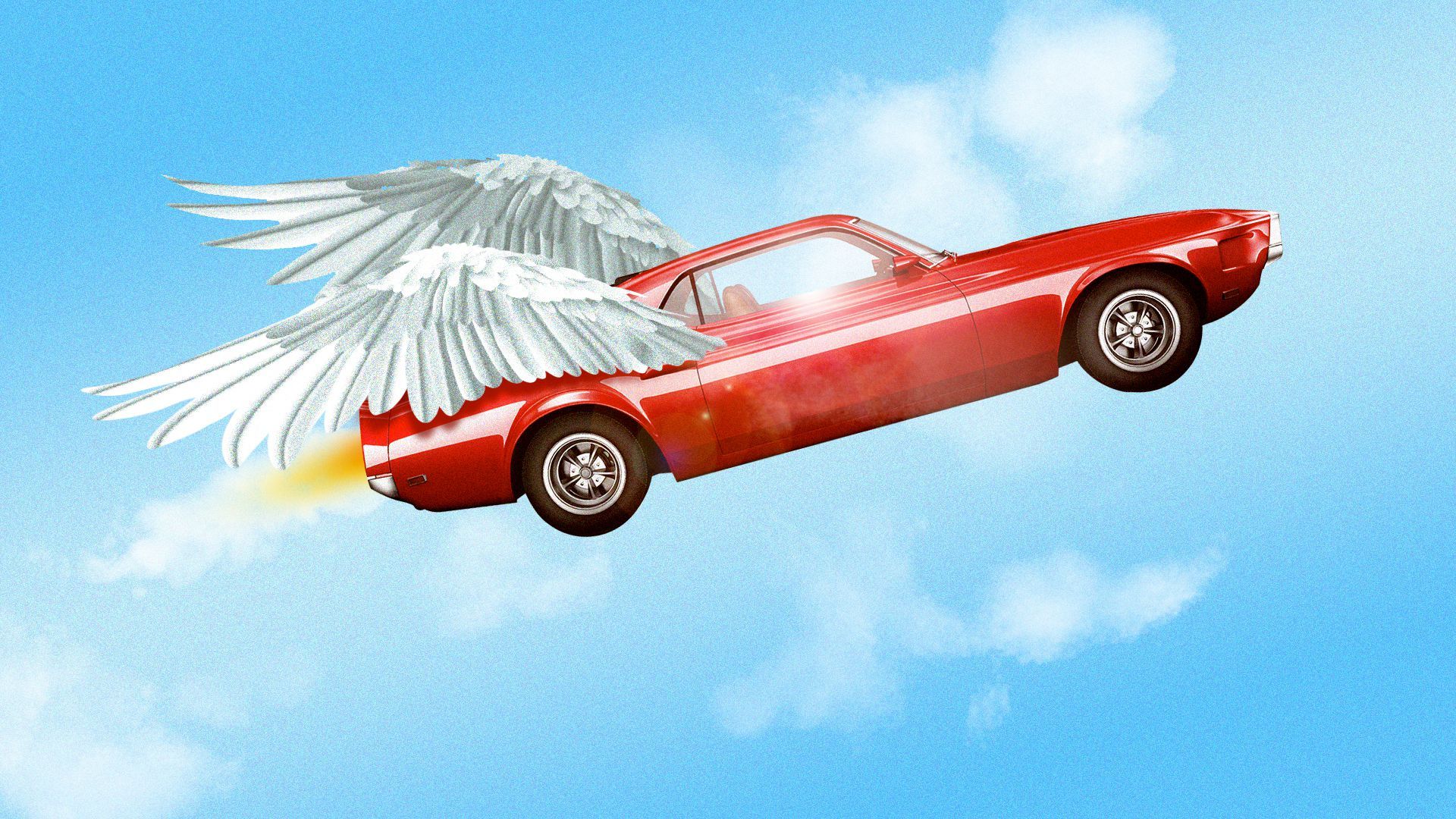Illustration of a car with wings flying through the sky.