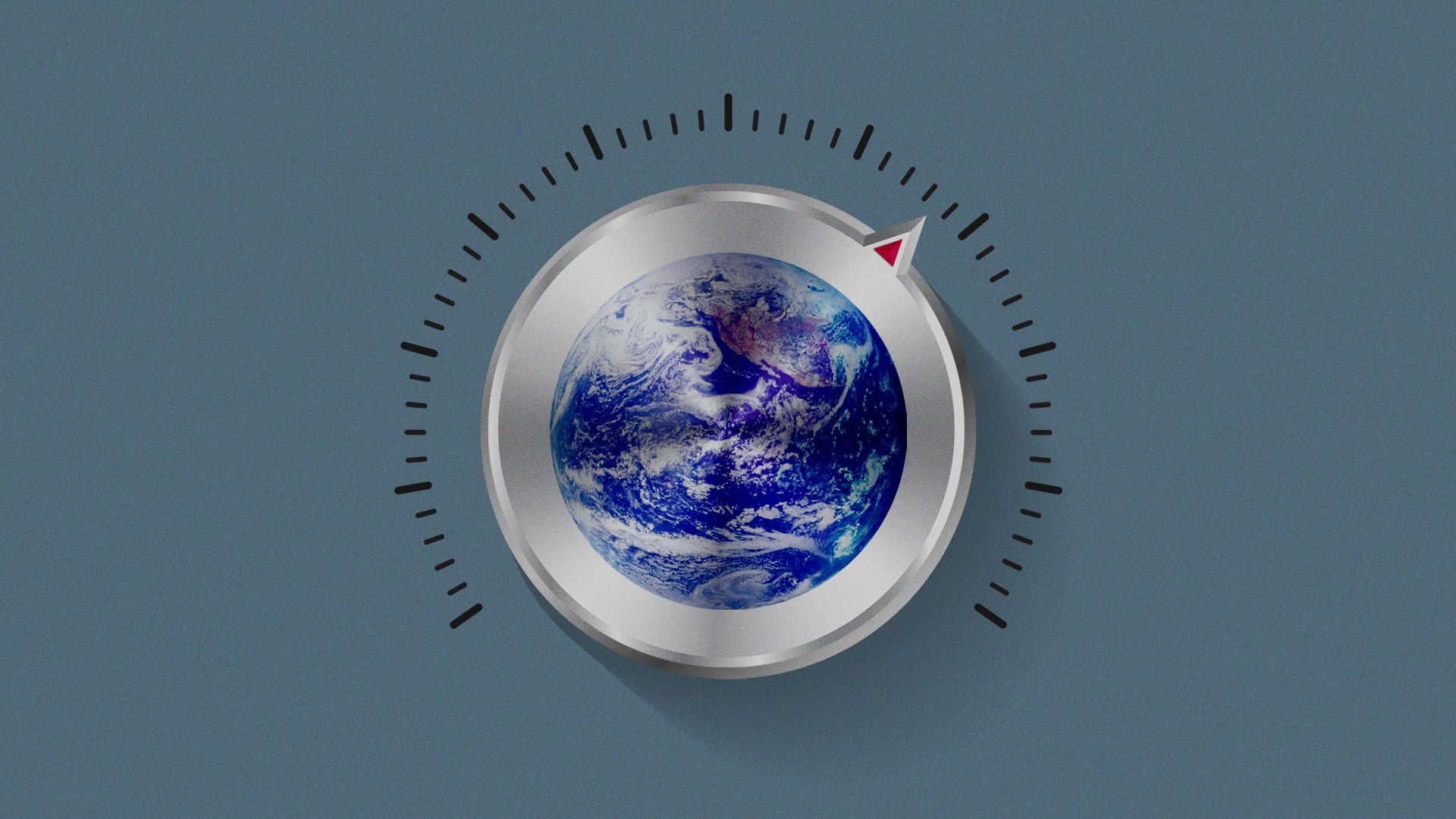 Illustration of a metal dial with the Earth on it, turned upward.