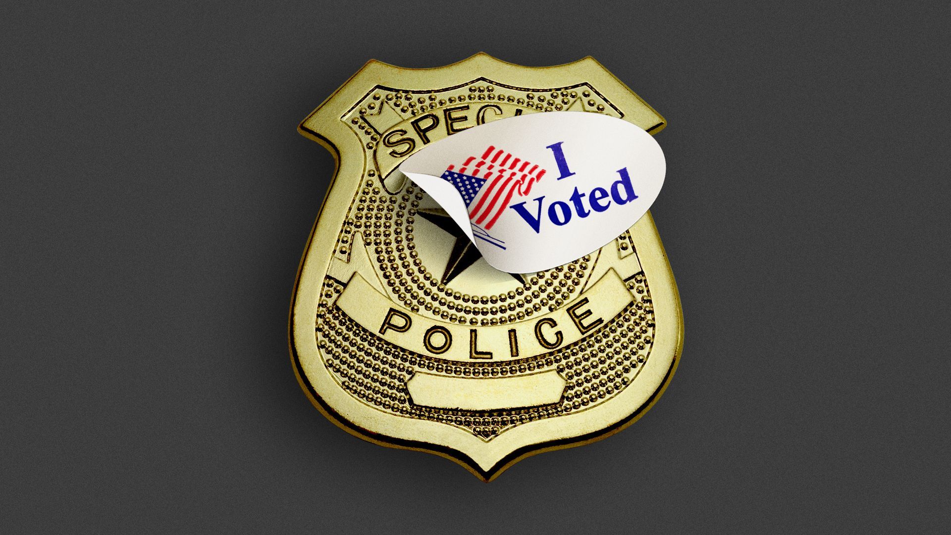 Illustration of a gold police badge partially covered by an "I voted" sticker.