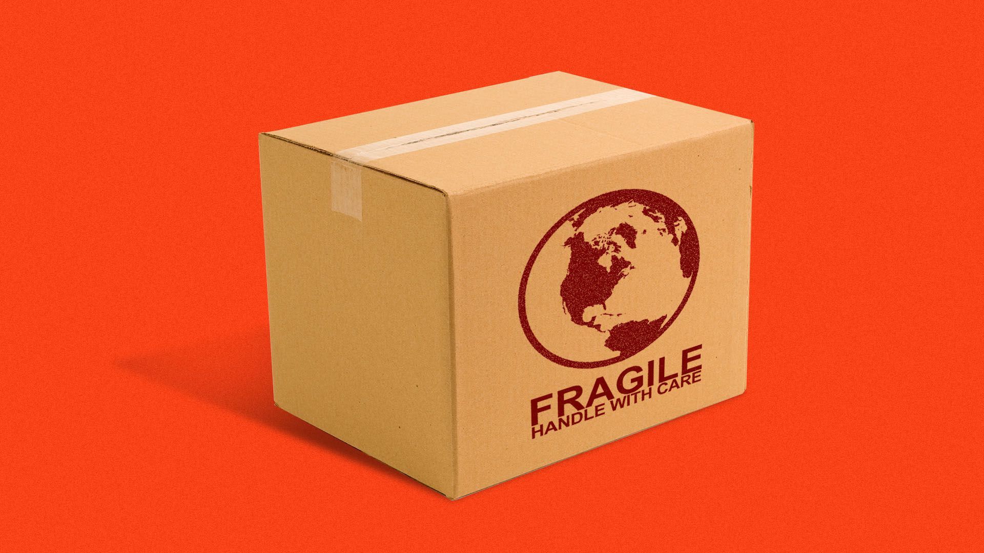 An illustration of a box labeled fragile in front of a red background.