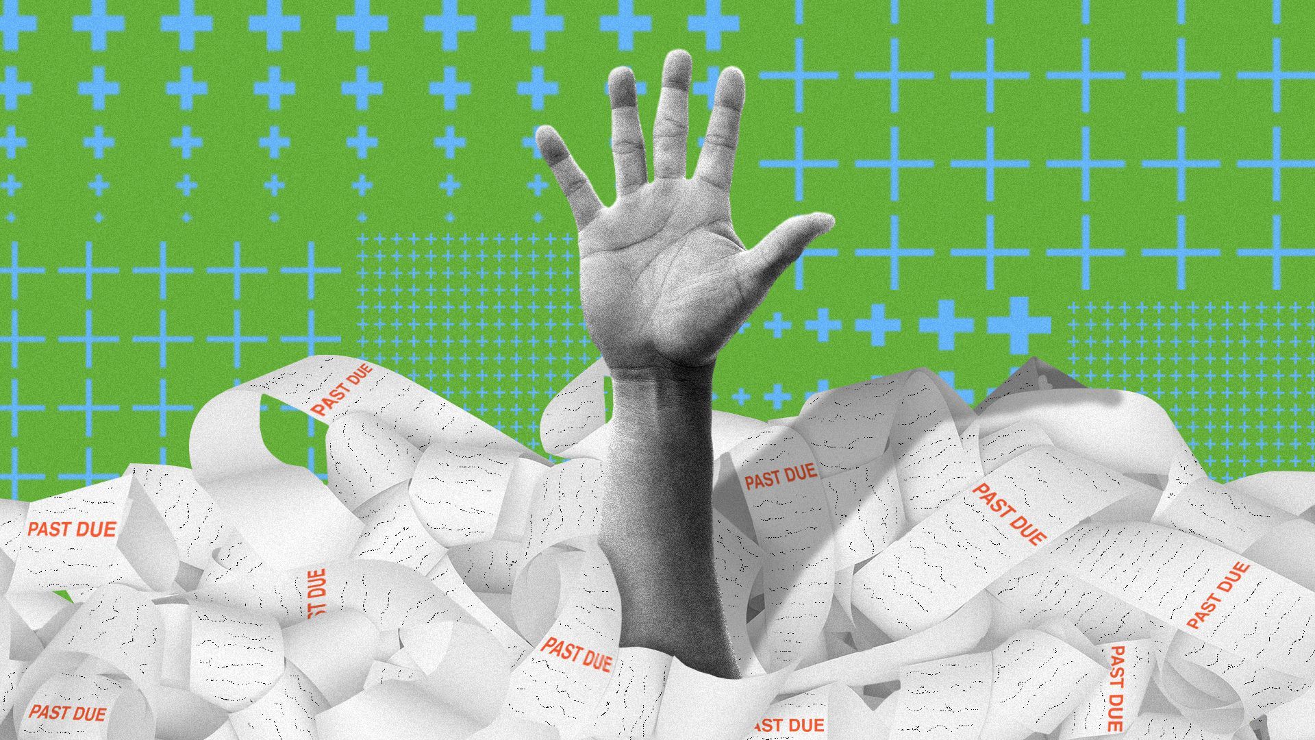 Illustration of a hand coming out of a pile of bills.